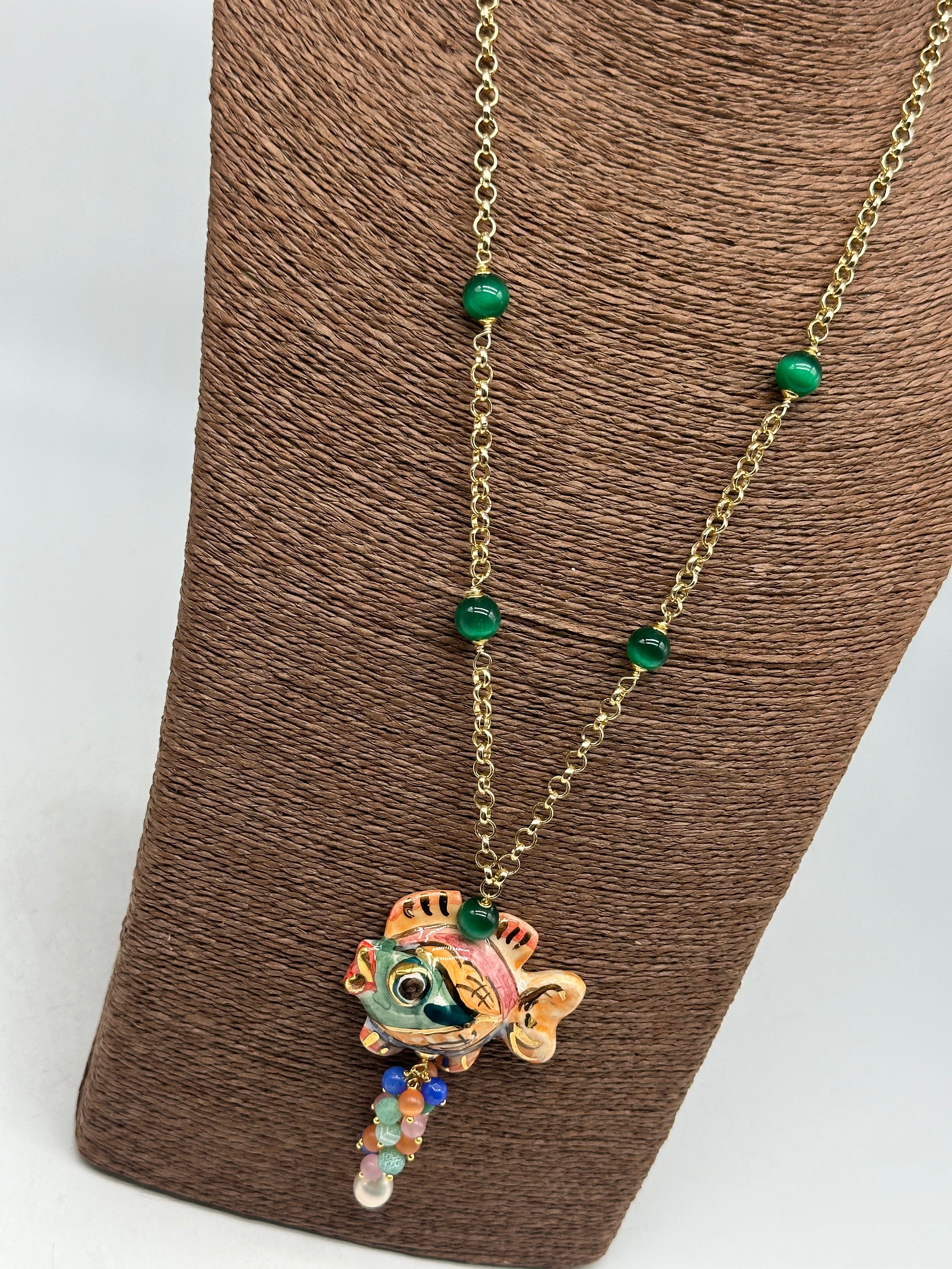 Collana Pesce in Ceramica di Caltagirone pietre catena dorata V.8 - BIJOUX