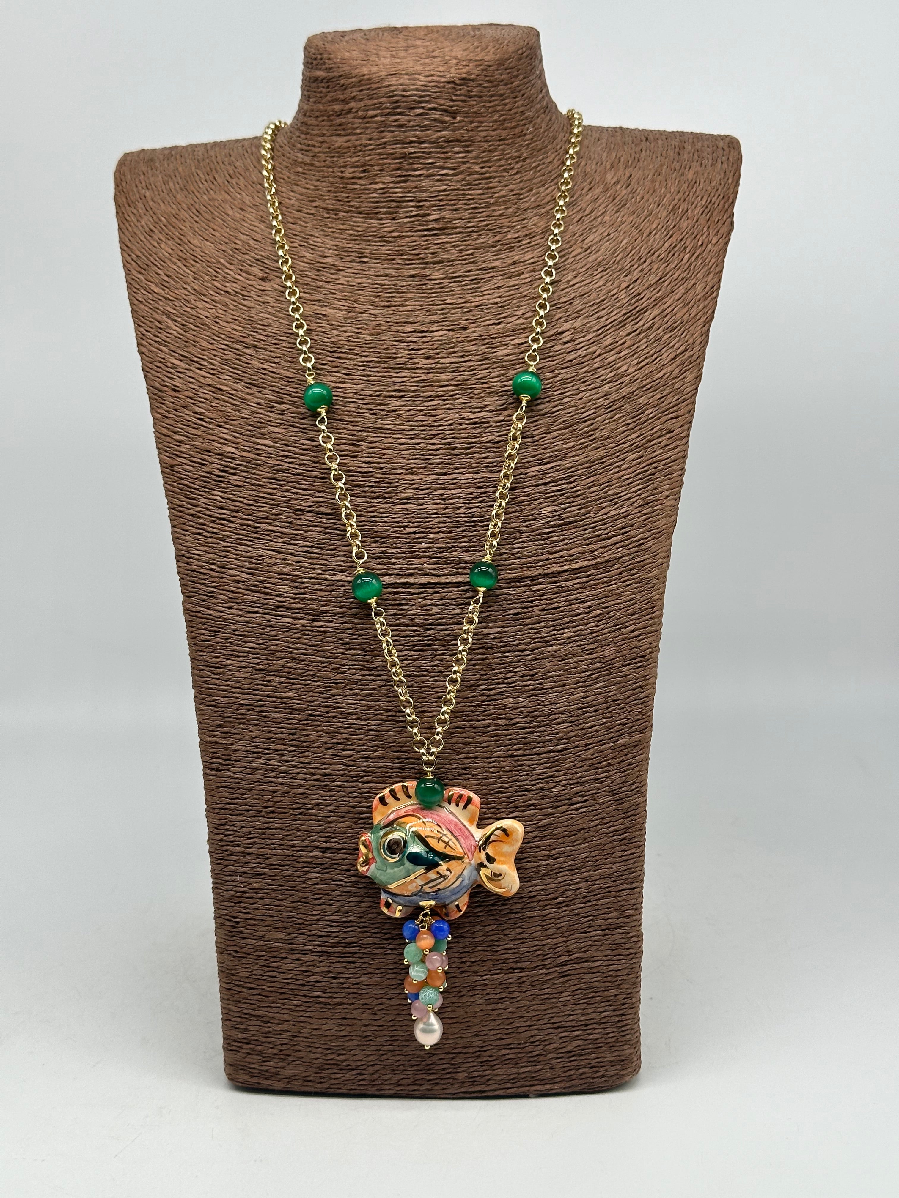 Collana Pesce in Ceramica di Caltagirone pietre catena dorata V.8 - BIJOUX