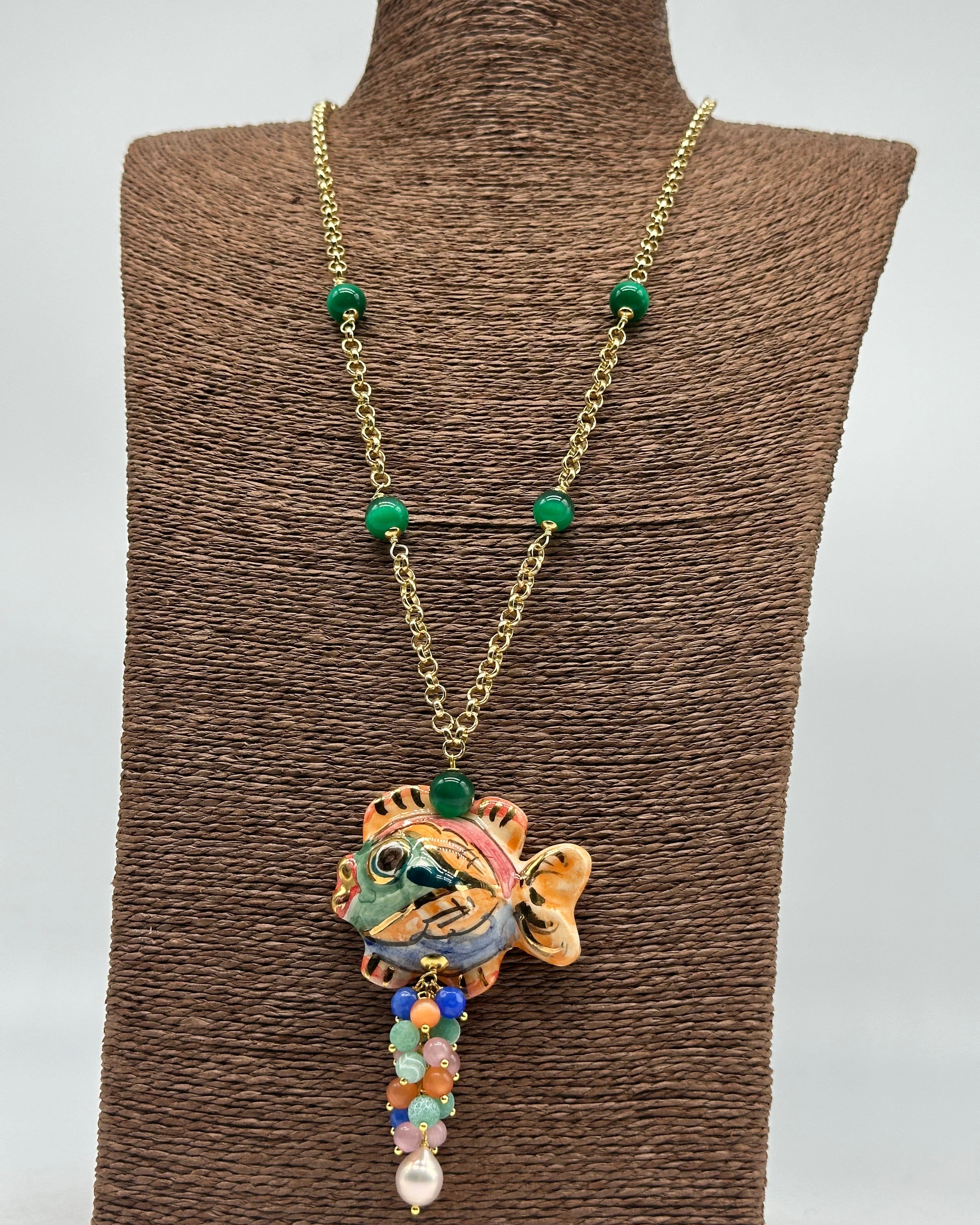 Collana Pesce in Ceramica di Caltagirone pietre catena dorata V.8 - BIJOUX