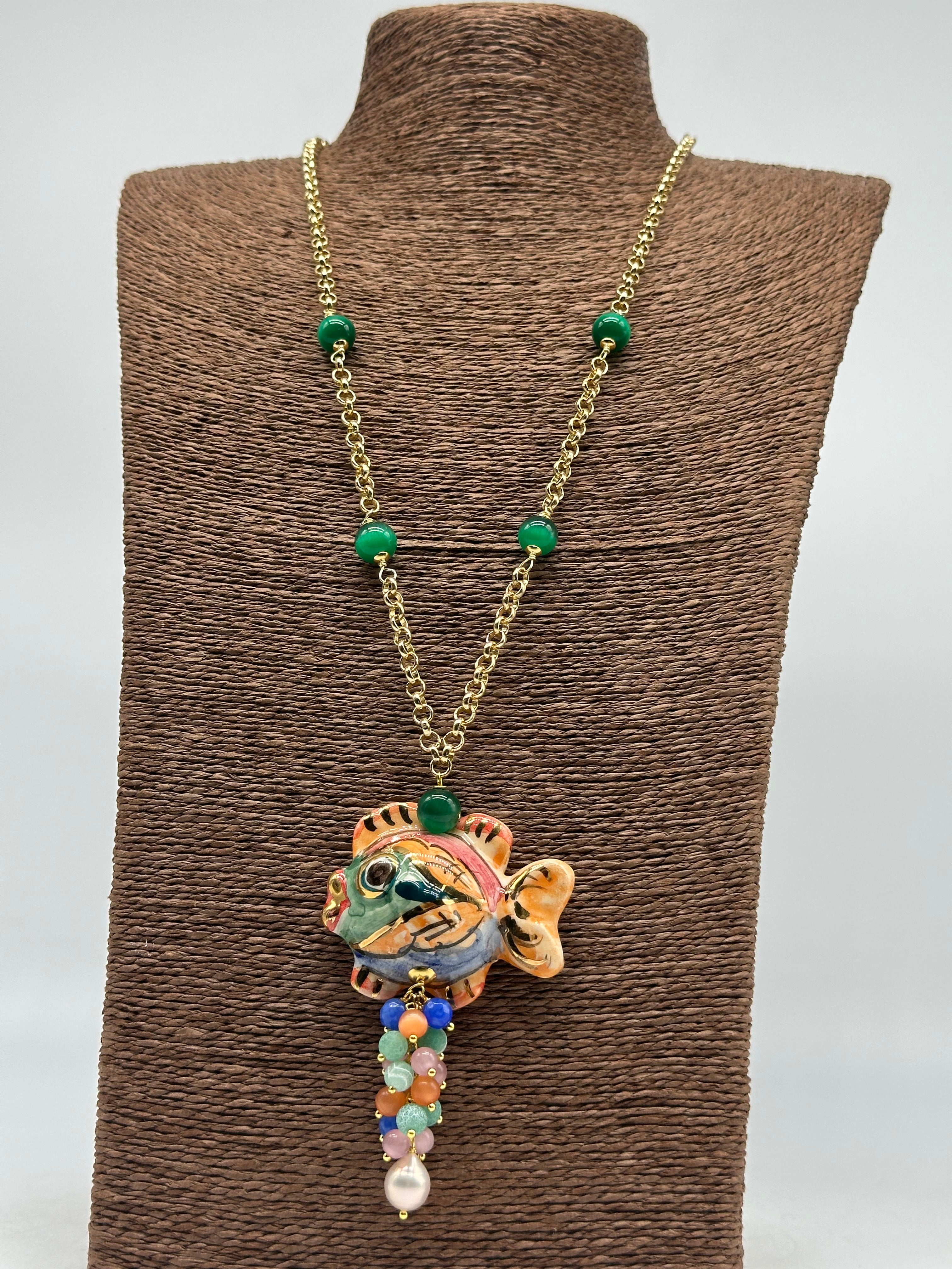 Collana Pesce in Ceramica di Caltagirone pietre catena dorata V.8 - BIJOUX