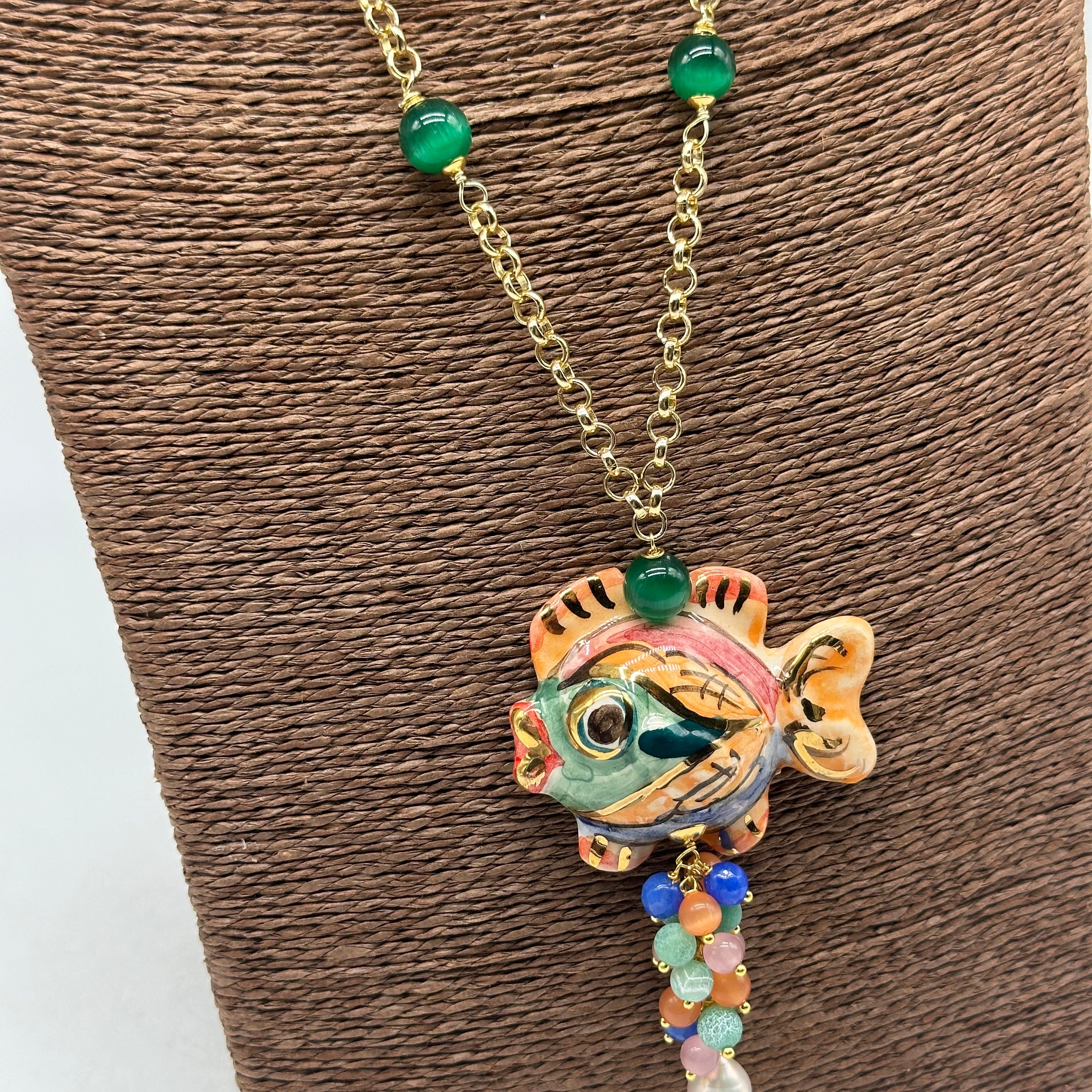 Collana Pesce in Ceramica di Caltagirone pietre catena dorata V.8 - BIJOUX