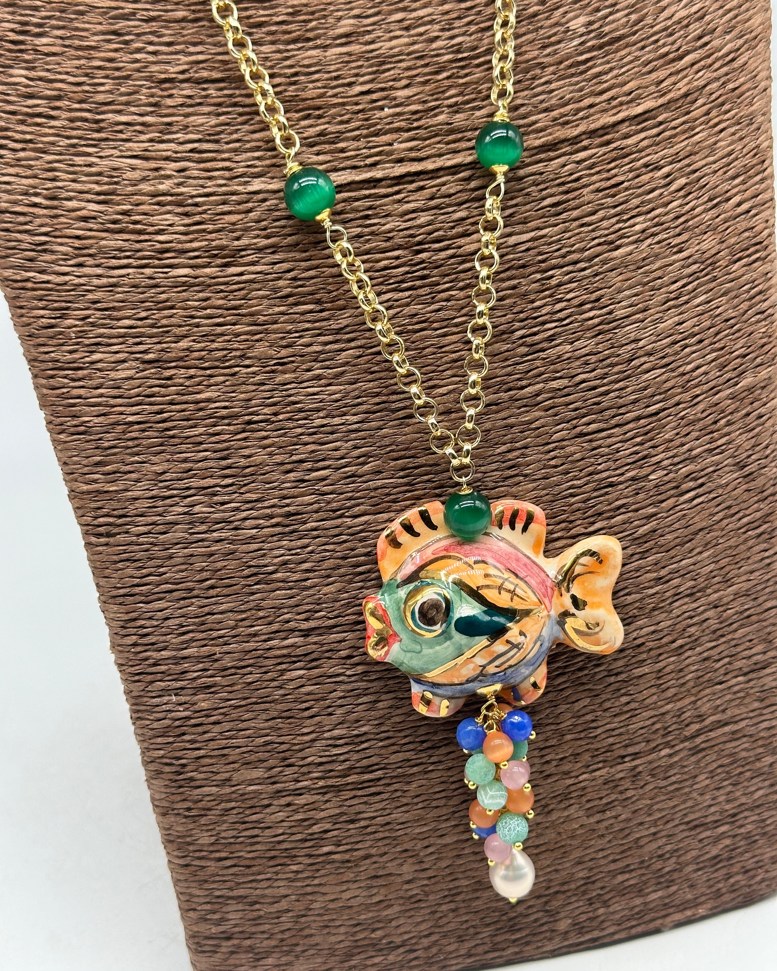 Collana Pesce in Ceramica di Caltagirone pietre catena dorata V.8 - BIJOUX