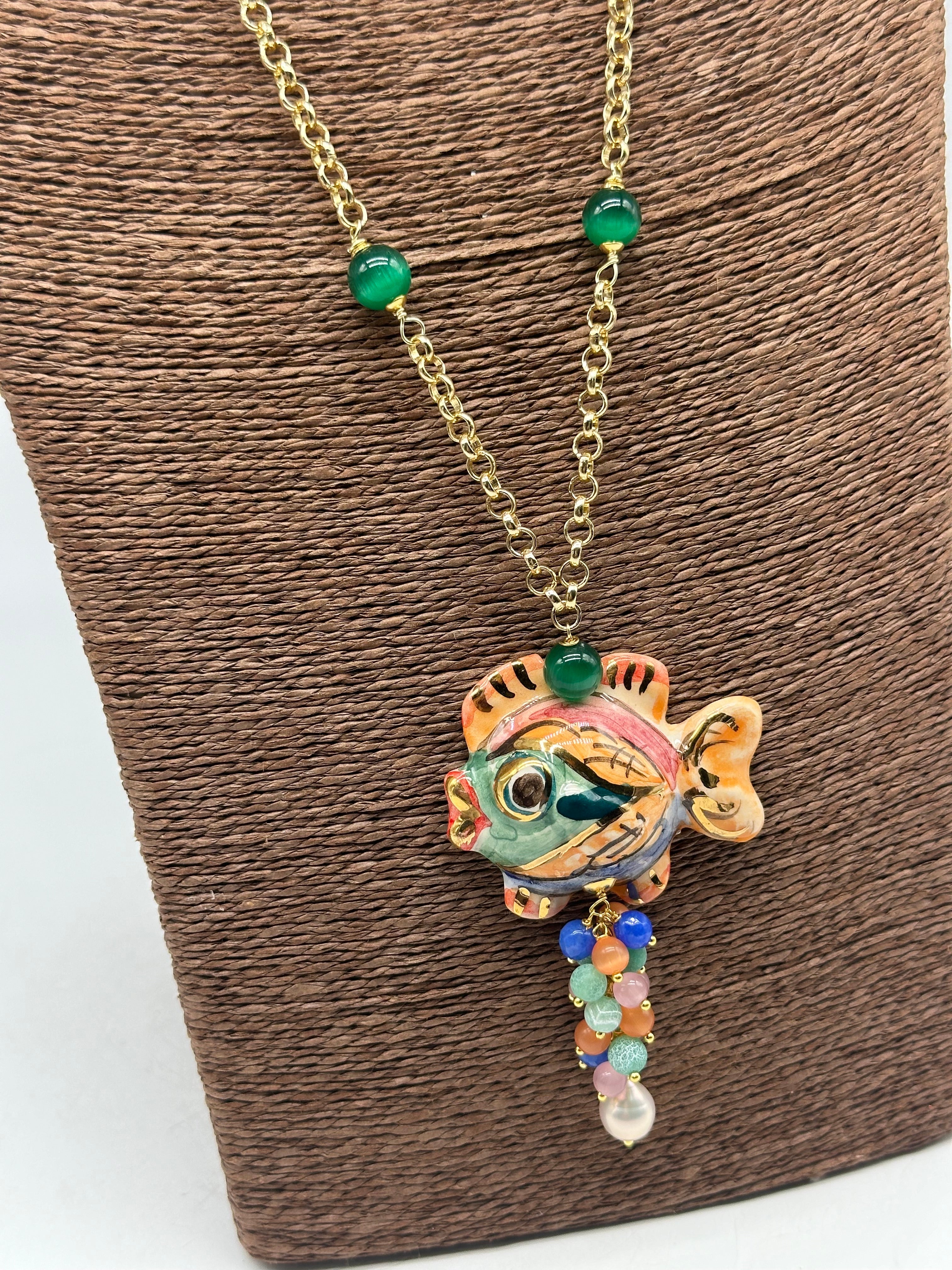 Collana Pesce in Ceramica di Caltagirone pietre catena dorata V.8 - BIJOUX