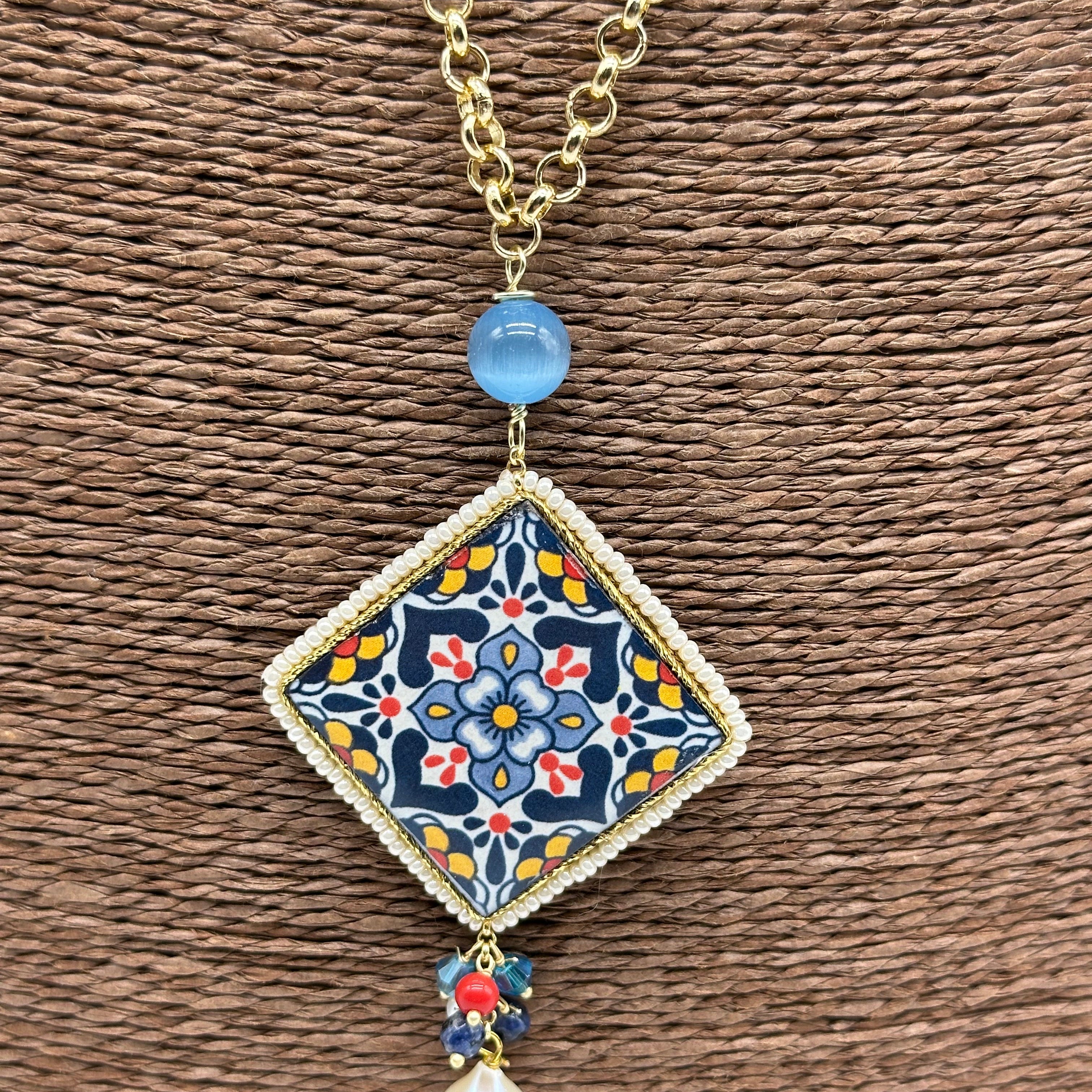 Collana Piastrella Ceramica di Caltagirone catena dorata con pietre V.7 - COLLANA