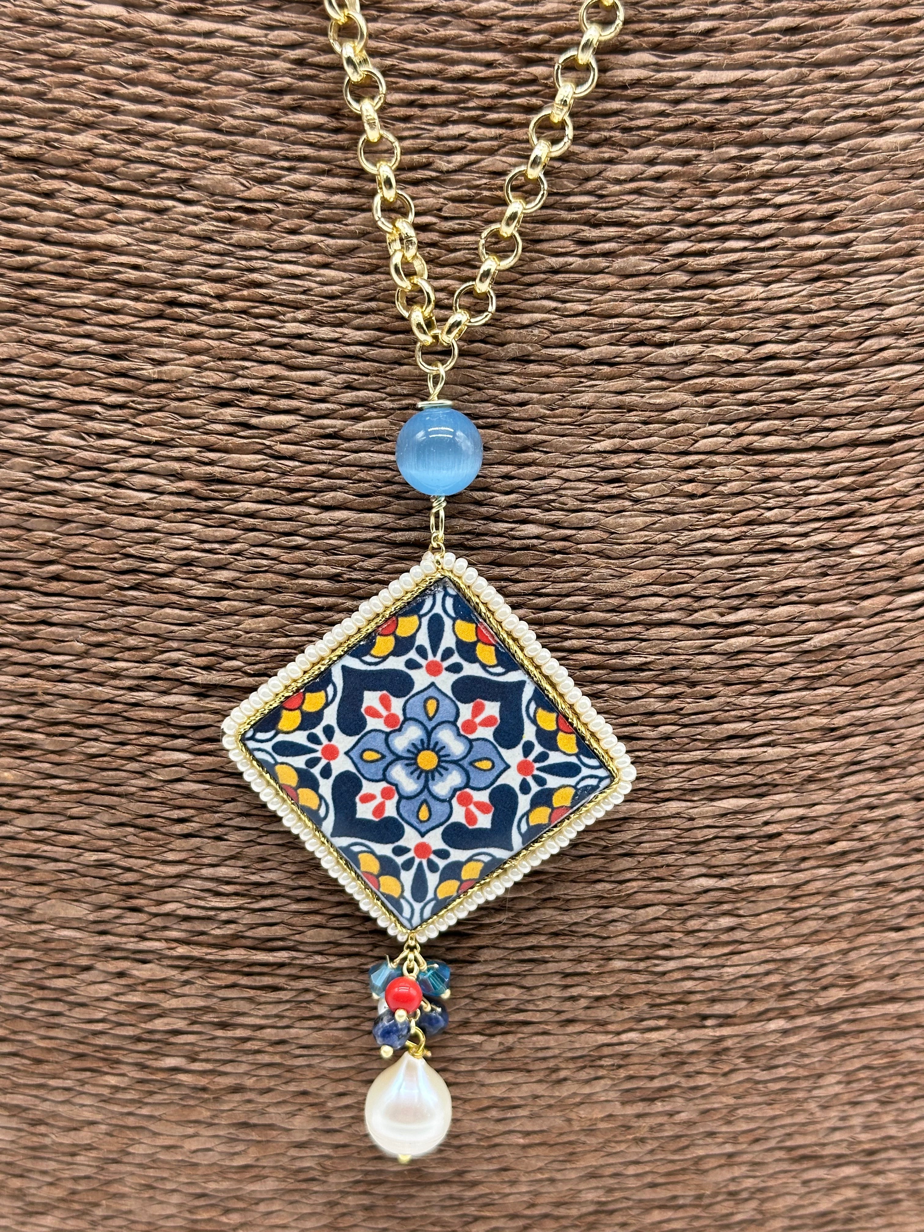 Collana Piastrella Ceramica di Caltagirone catena dorata con pietre V.7 - COLLANA