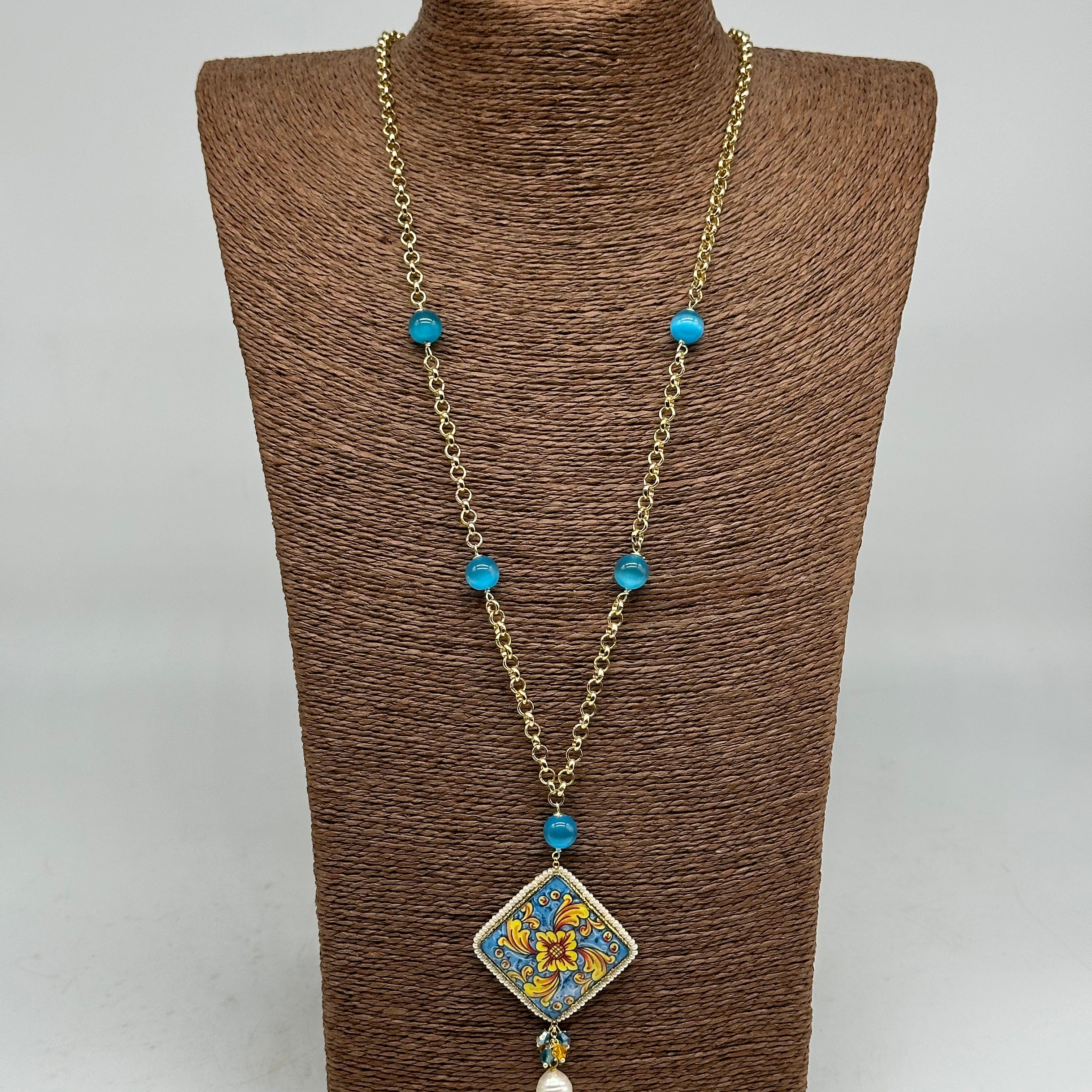 Collana Piastrella Ceramica di Caltagirone catena dorata con pietre V.6 - COLLANA