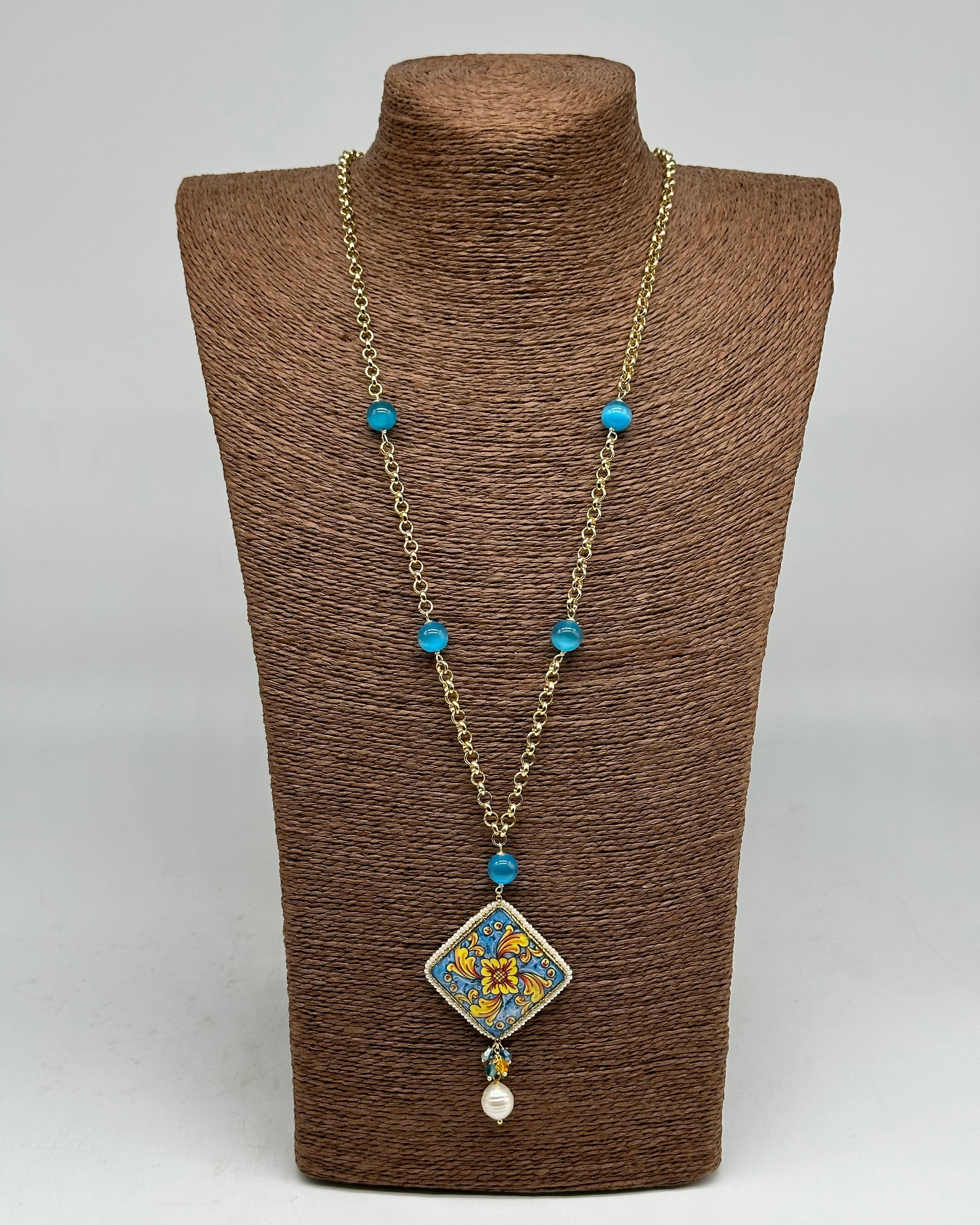 Collana Piastrella Ceramica di Caltagirone catena dorata con pietre V.6 - COLLANA