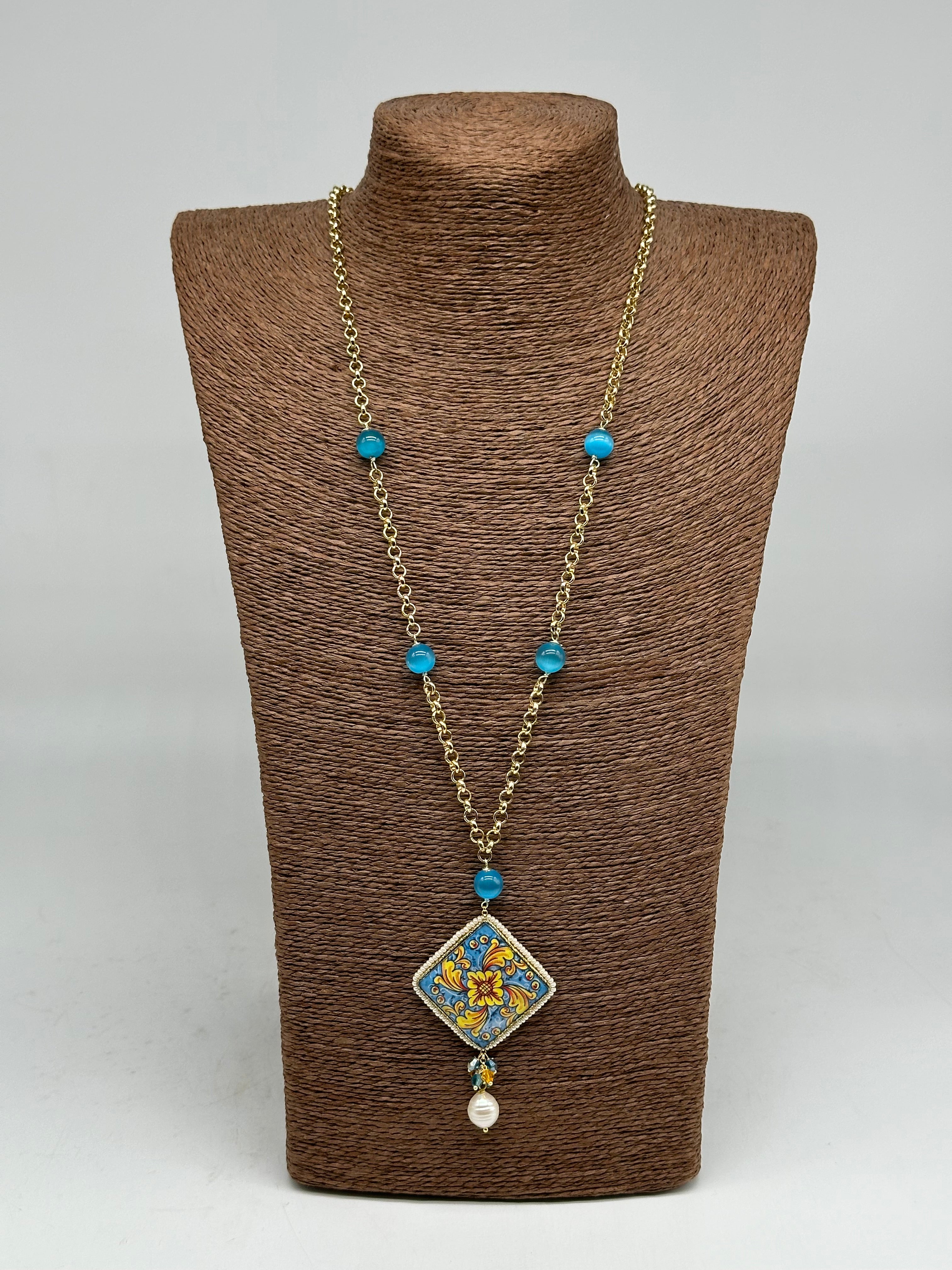 Collana Piastrella Ceramica di Caltagirone catena dorata con pietre V.6 - COLLANA