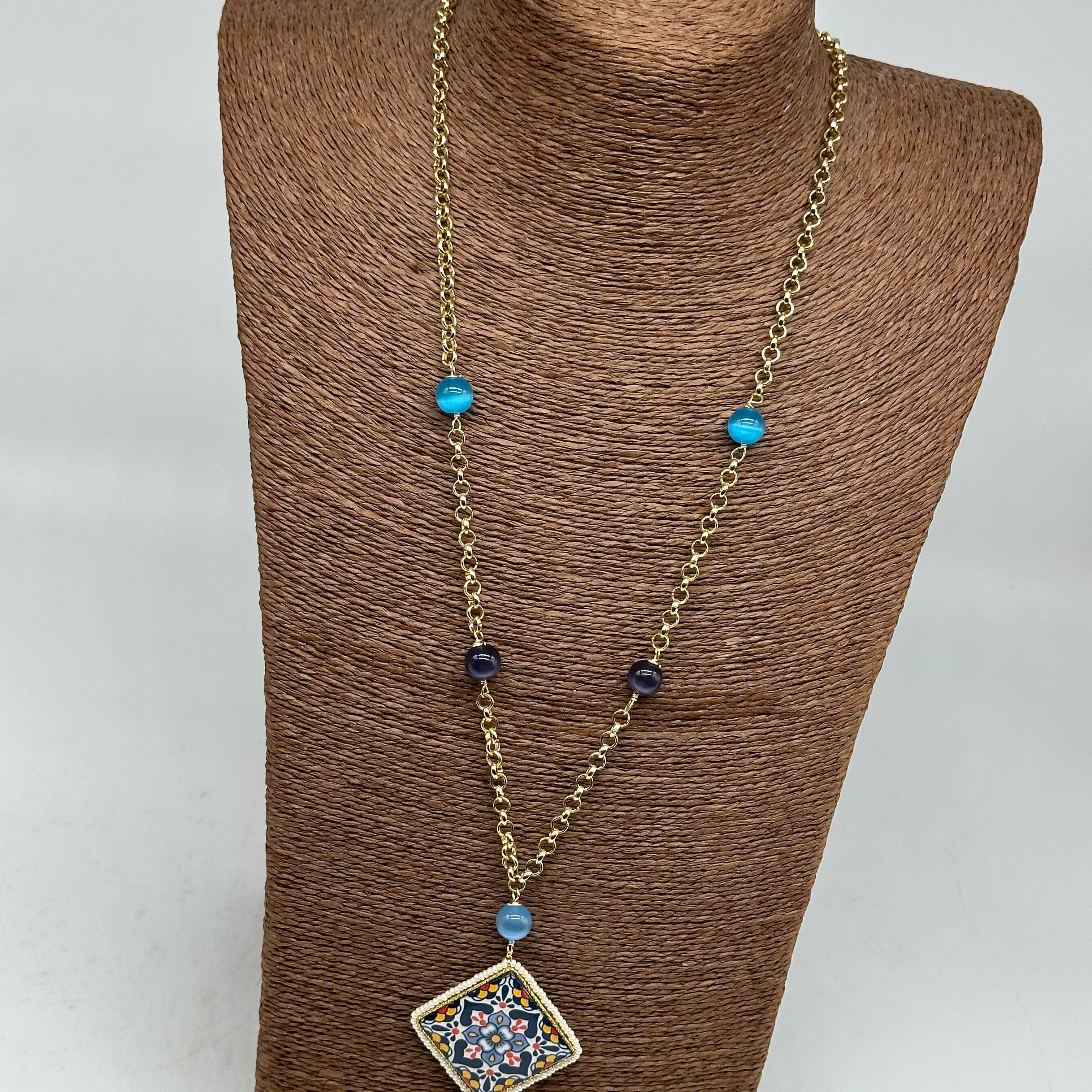 Collana Piastrella Ceramica di Caltagirone catena dorata con pietre V.7 - COLLANA