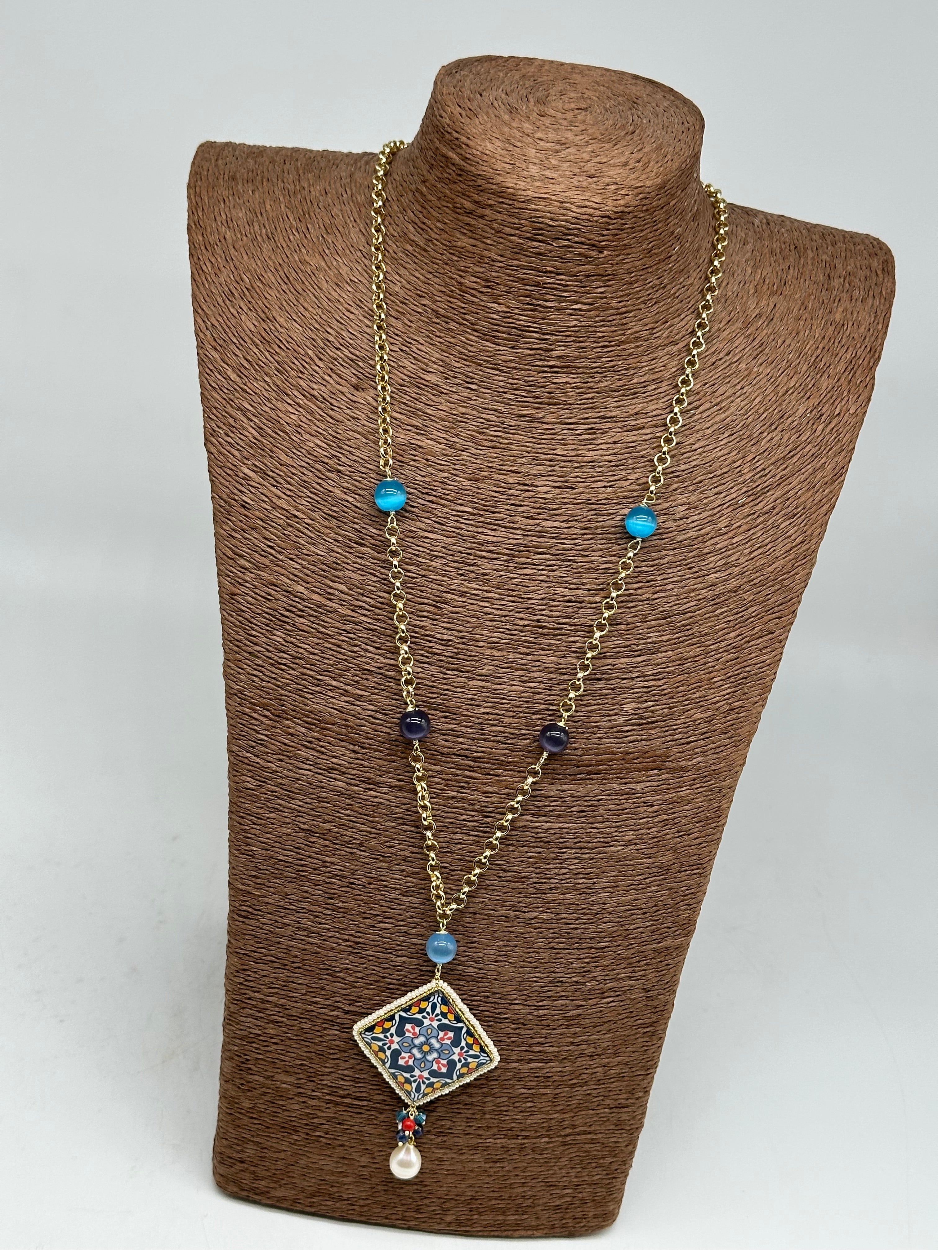 Collana Piastrella Ceramica di Caltagirone catena dorata con pietre V.7 - COLLANA
