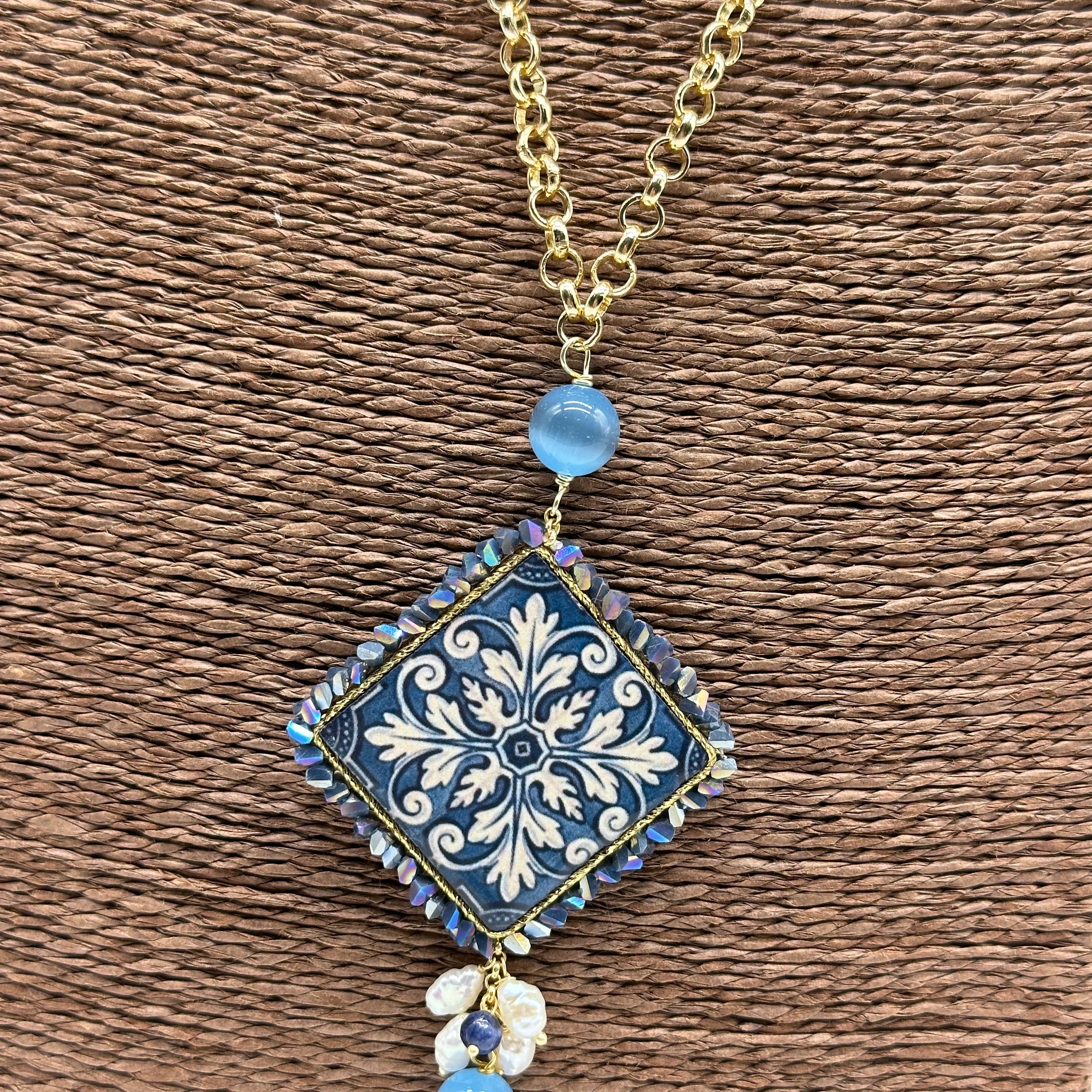 Collana Piastrella Ceramica di Caltagirone catena dorata con pietre V.3 - COLLANA