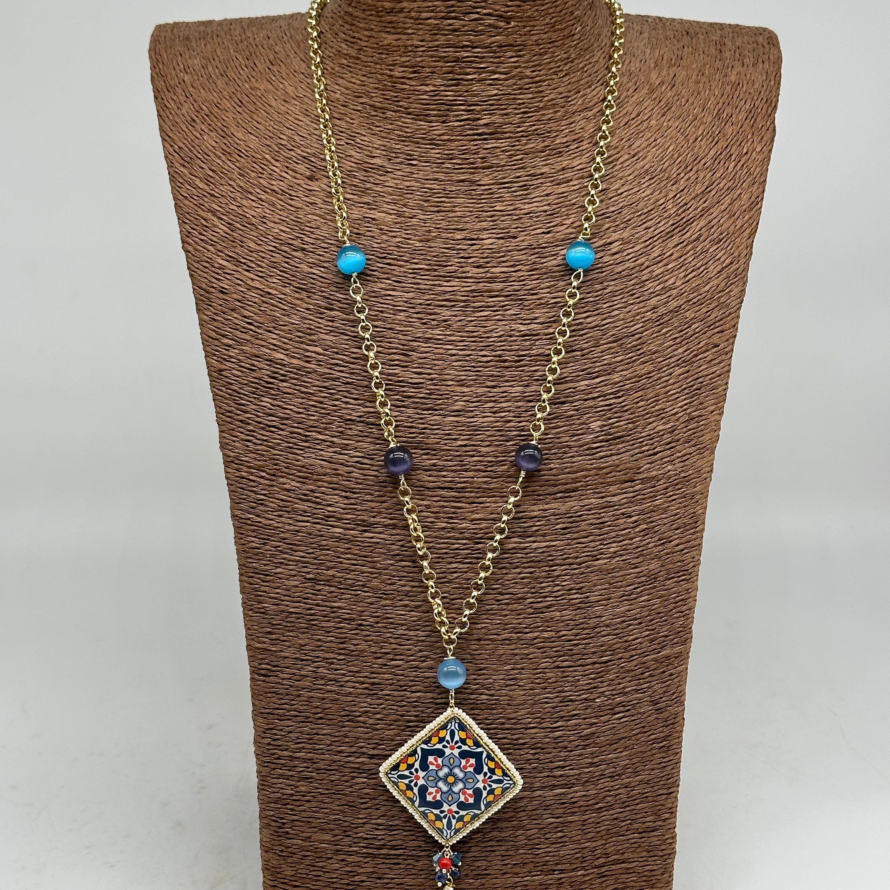 Collana Piastrella Ceramica di Caltagirone catena dorata con pietre V.7 - COLLANA