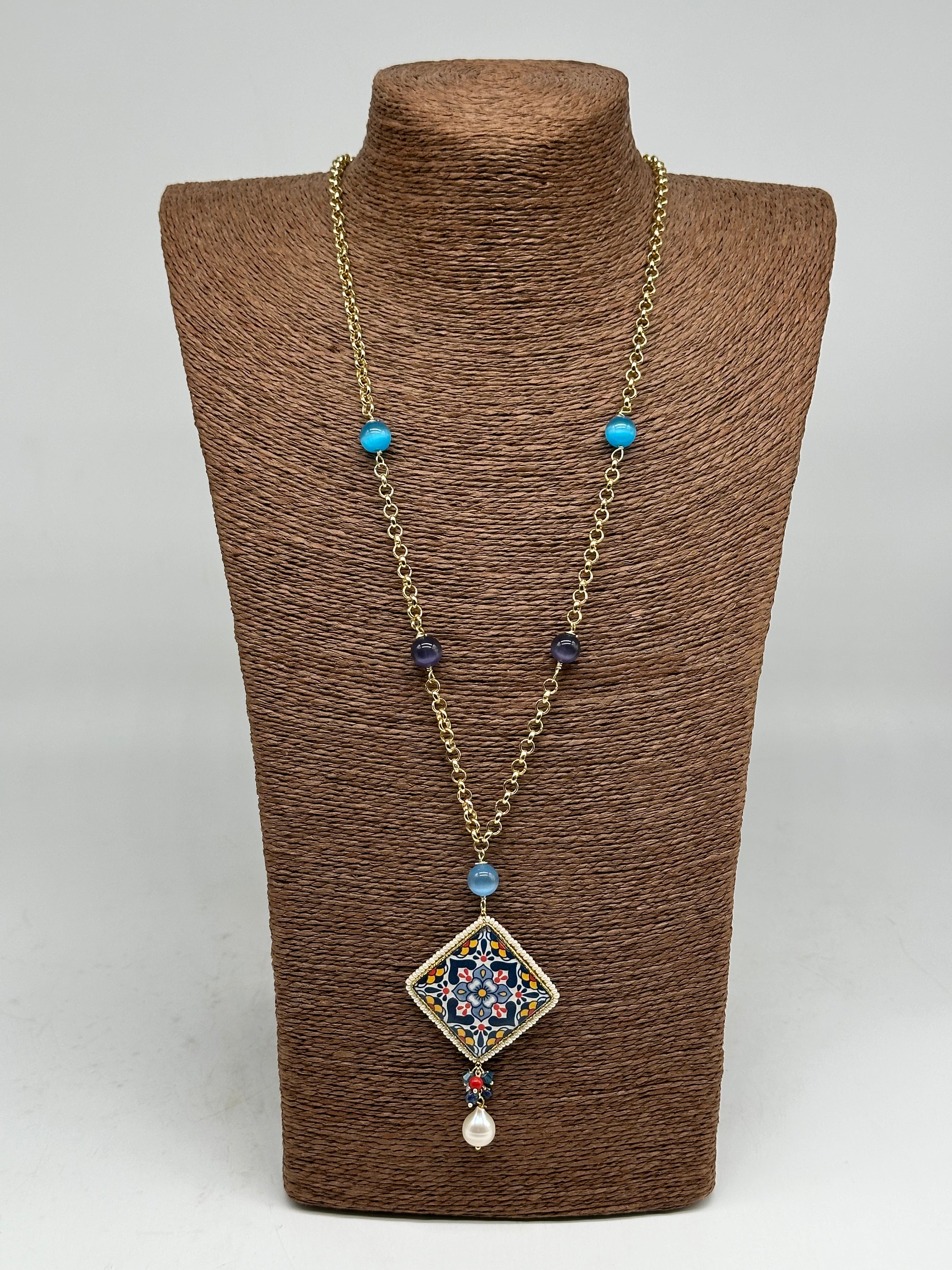 Collana Piastrella Ceramica di Caltagirone catena dorata con pietre V.7 - COLLANA