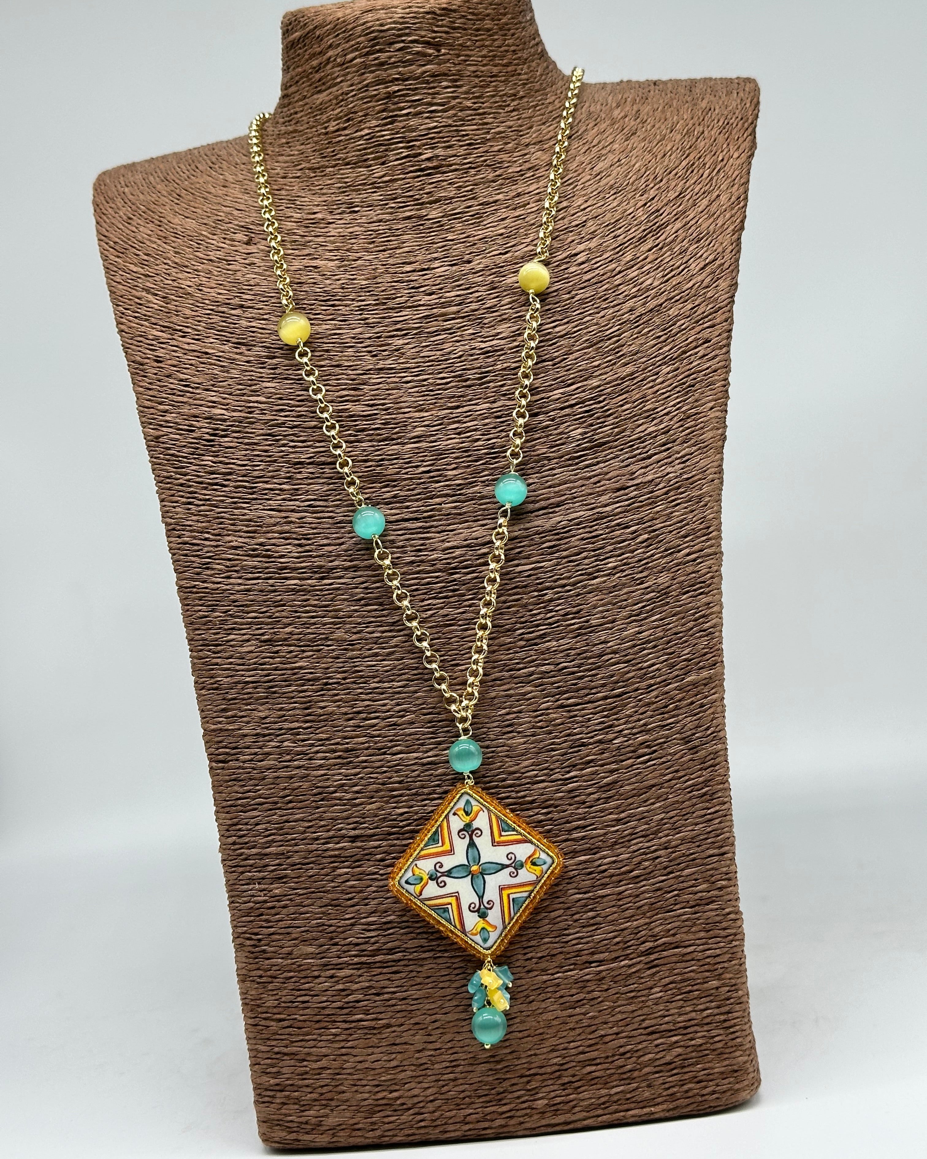 Collana Piastrella Ceramica di Caltagirone catena dorata con pietre V.5 - COLLANA