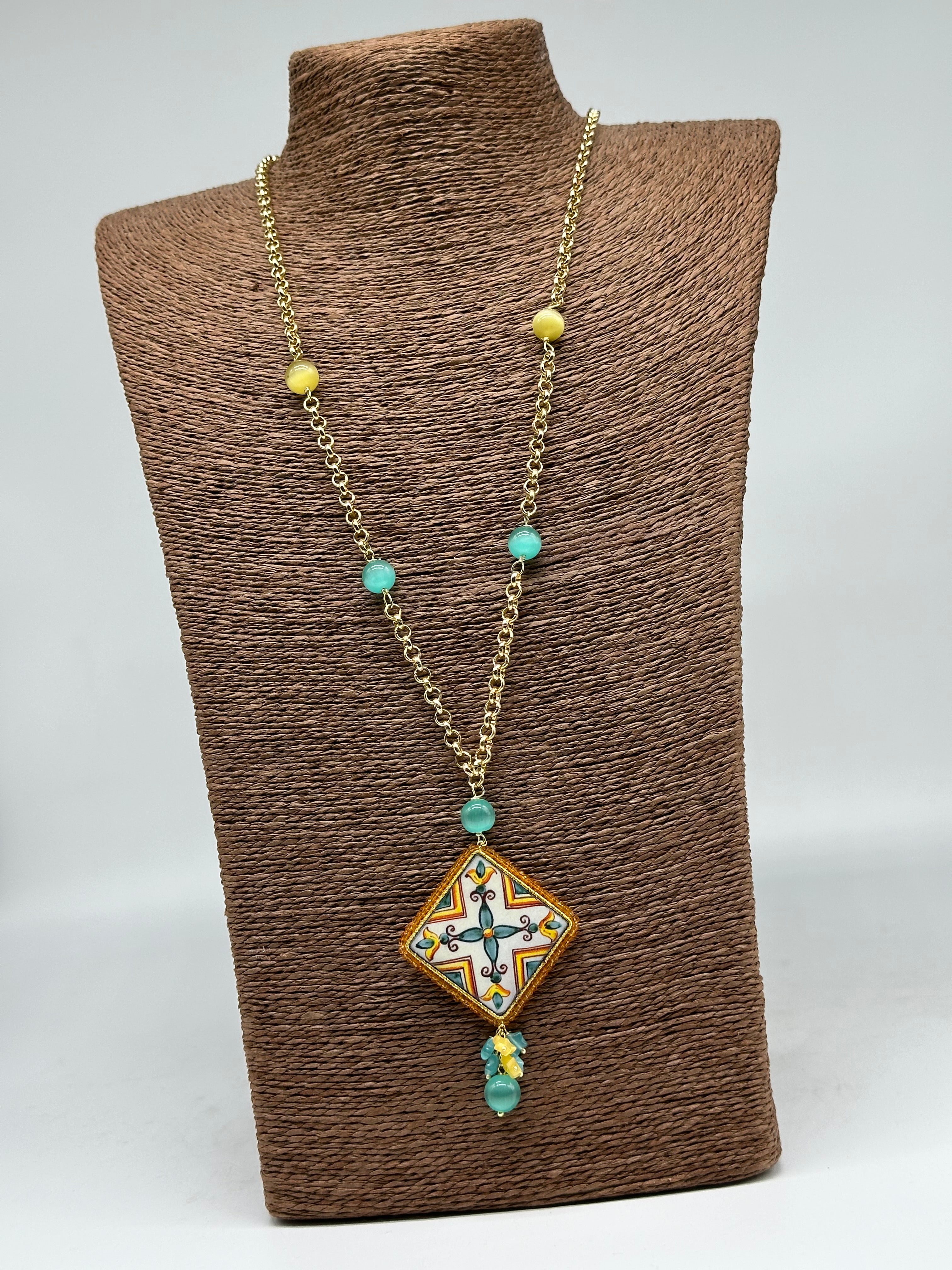 Collana Piastrella Ceramica di Caltagirone catena dorata con pietre V.5 - COLLANA