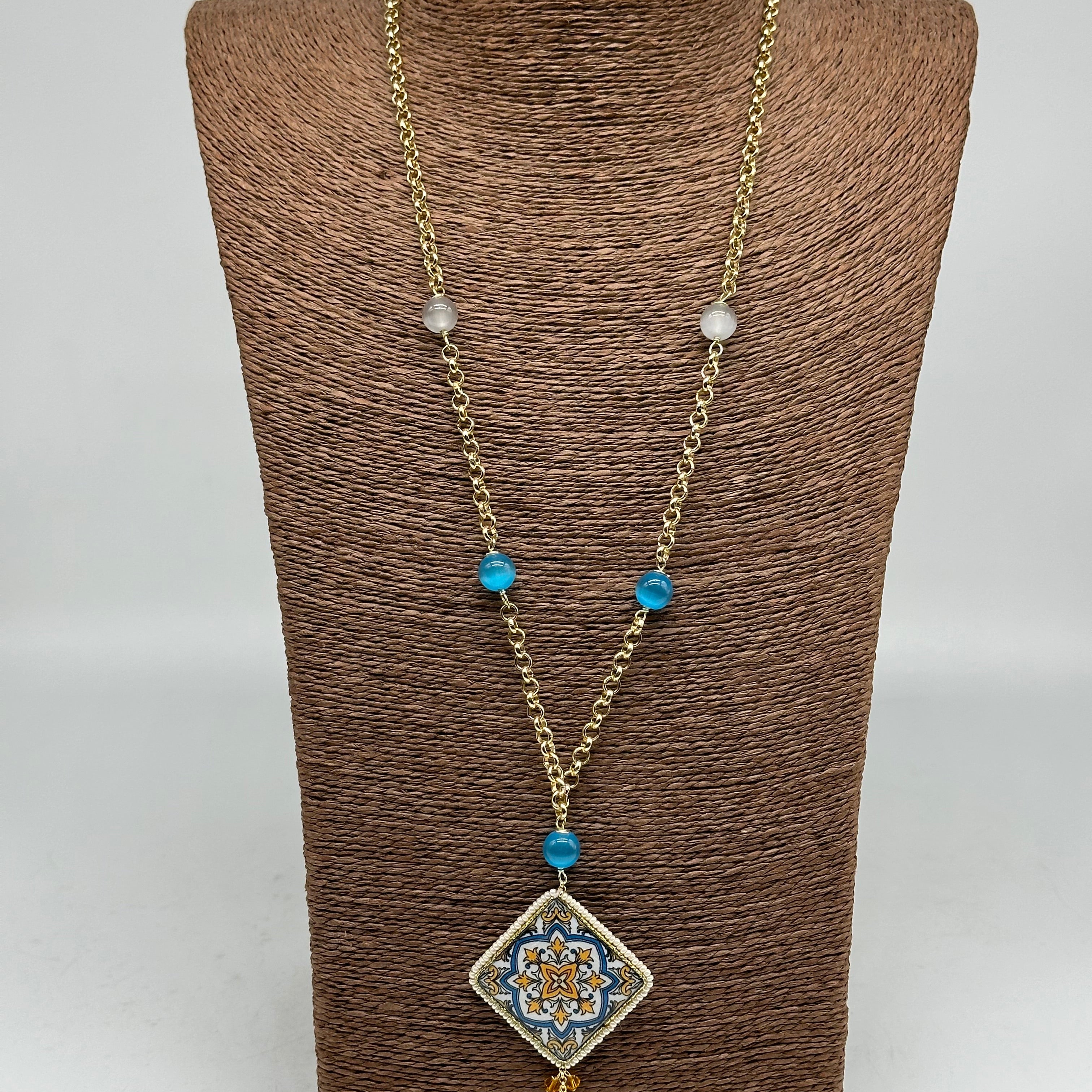 Collana Piastrella Ceramica di Caltagirone catena dorata con pietre V.4 - COLLANA