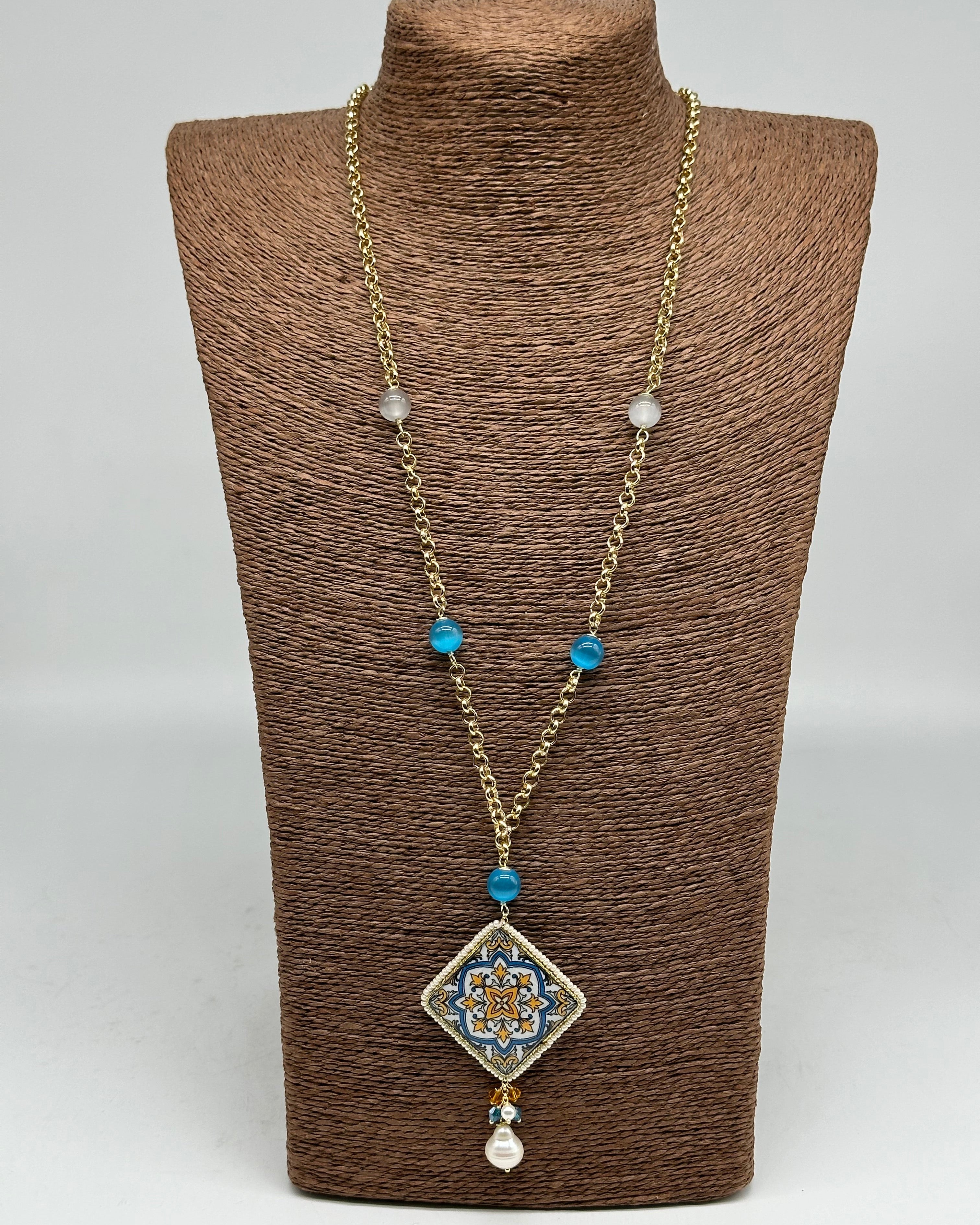 Collana Piastrella Ceramica di Caltagirone catena dorata con pietre V.4 - COLLANA