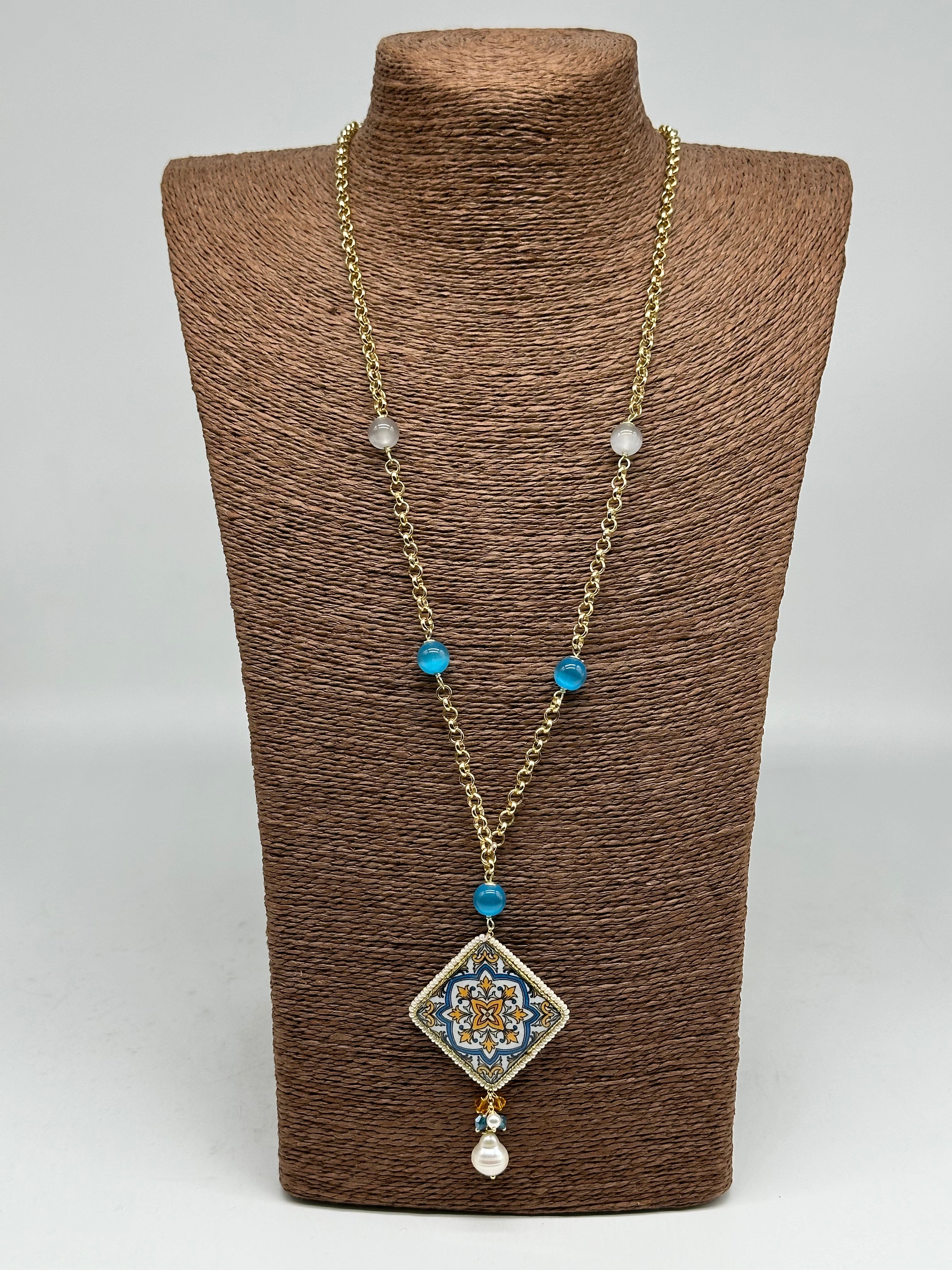 Collana Piastrella Ceramica di Caltagirone catena dorata con pietre V.4 - COLLANA
