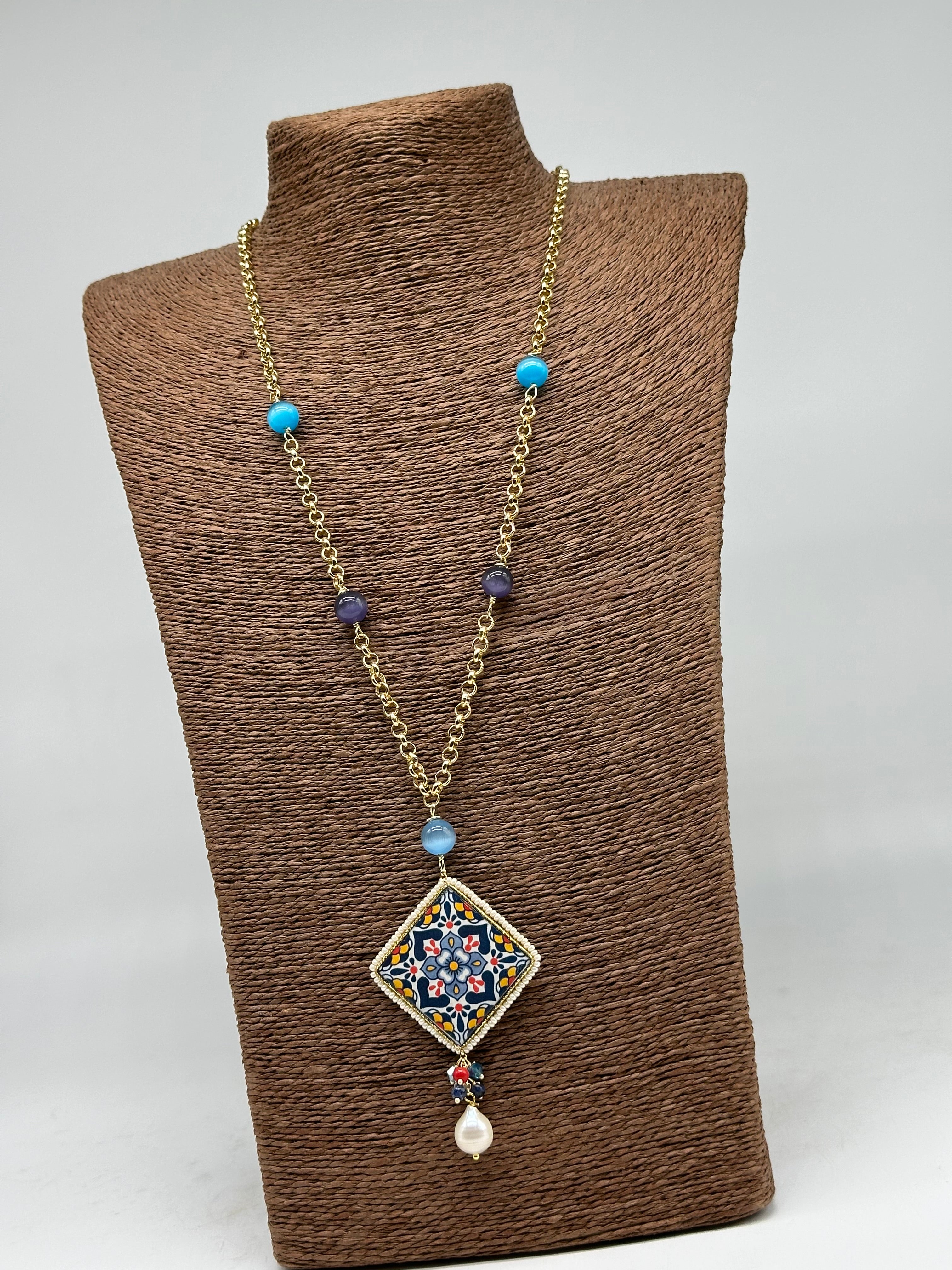 Collana Piastrella Ceramica di Caltagirone catena dorata con pietre V.7 - COLLANA