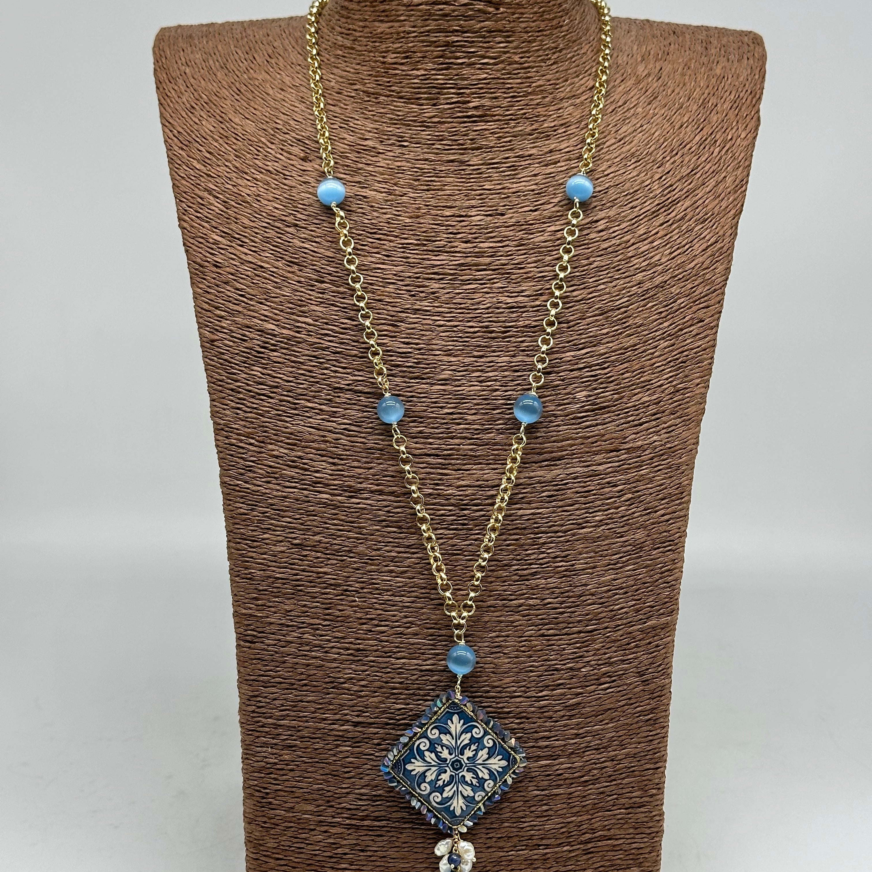 Collana Piastrella Ceramica di Caltagirone catena dorata con pietre V.3 - COLLANA