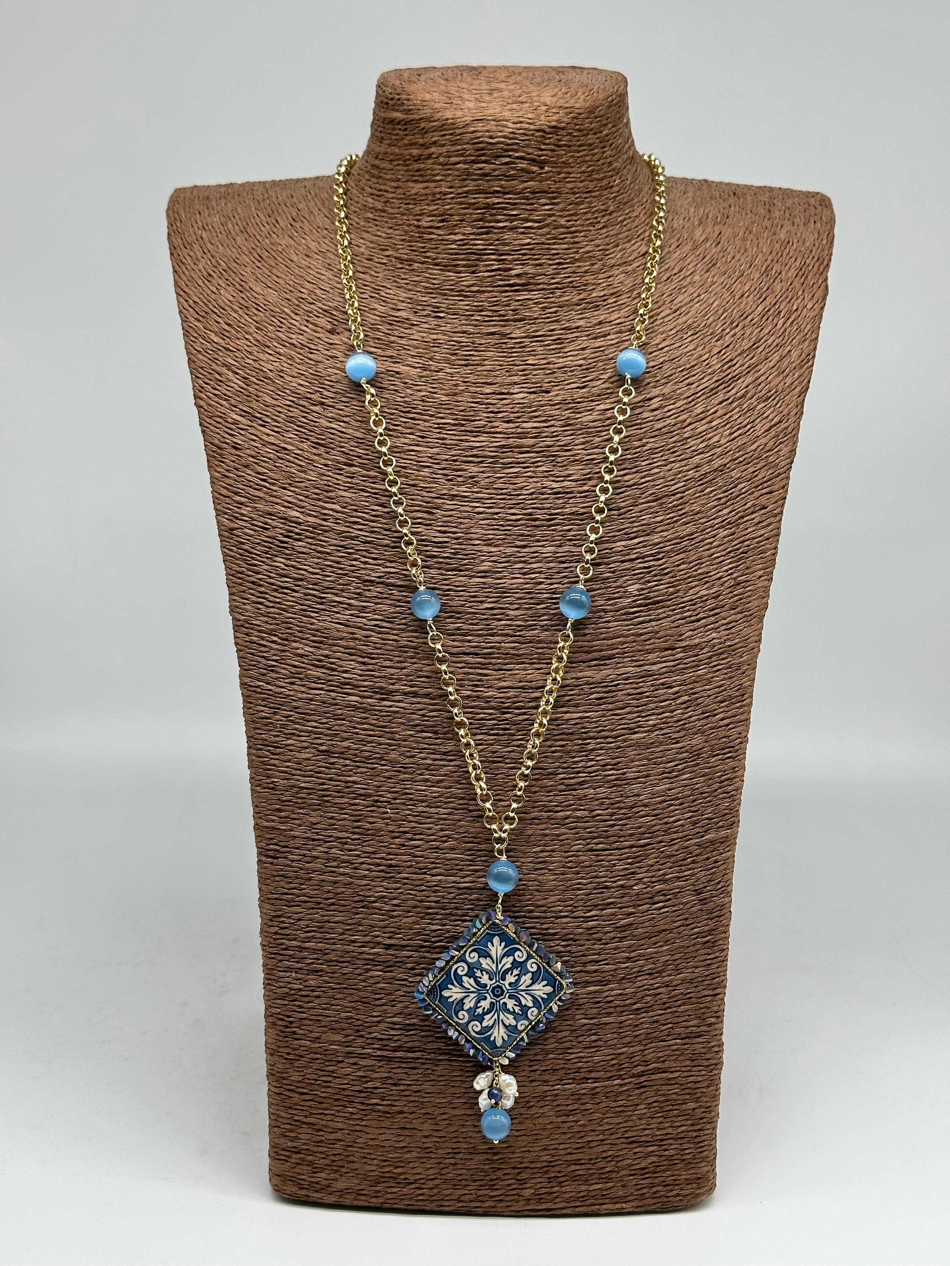 Collana Piastrella Ceramica di Caltagirone catena dorata con pietre V.3 - COLLANA