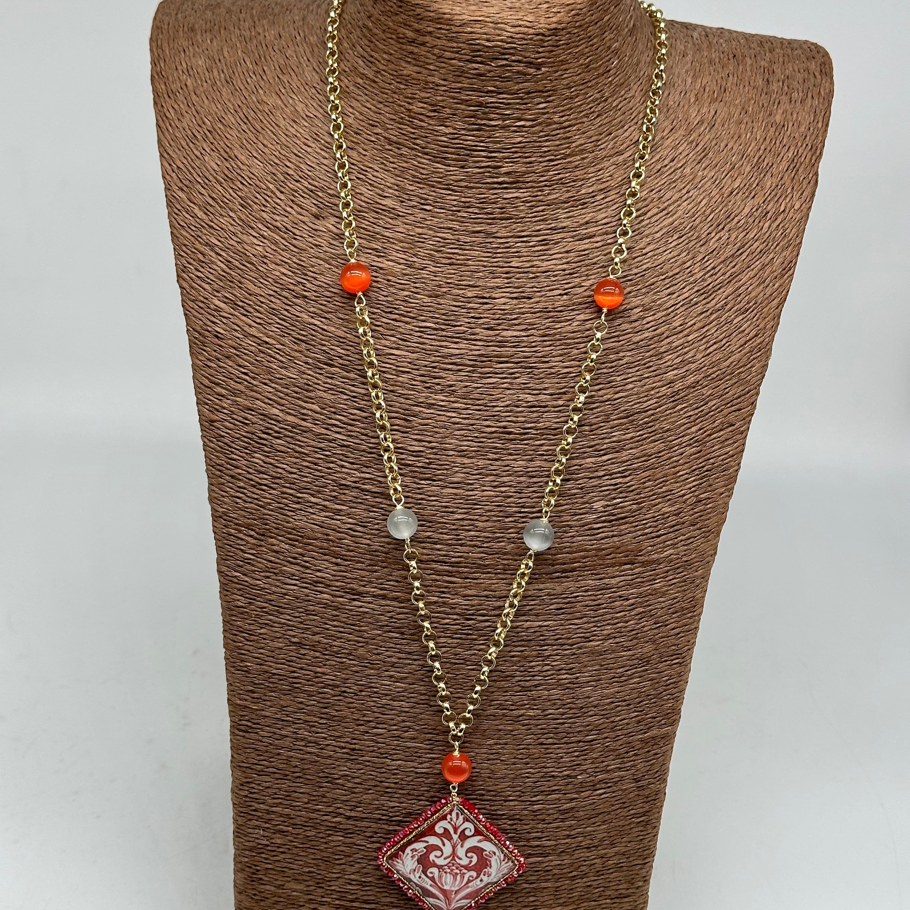 Collana Piastrella Ceramica di Caltagirone catena dorata con pietre V.2 - COLLANA