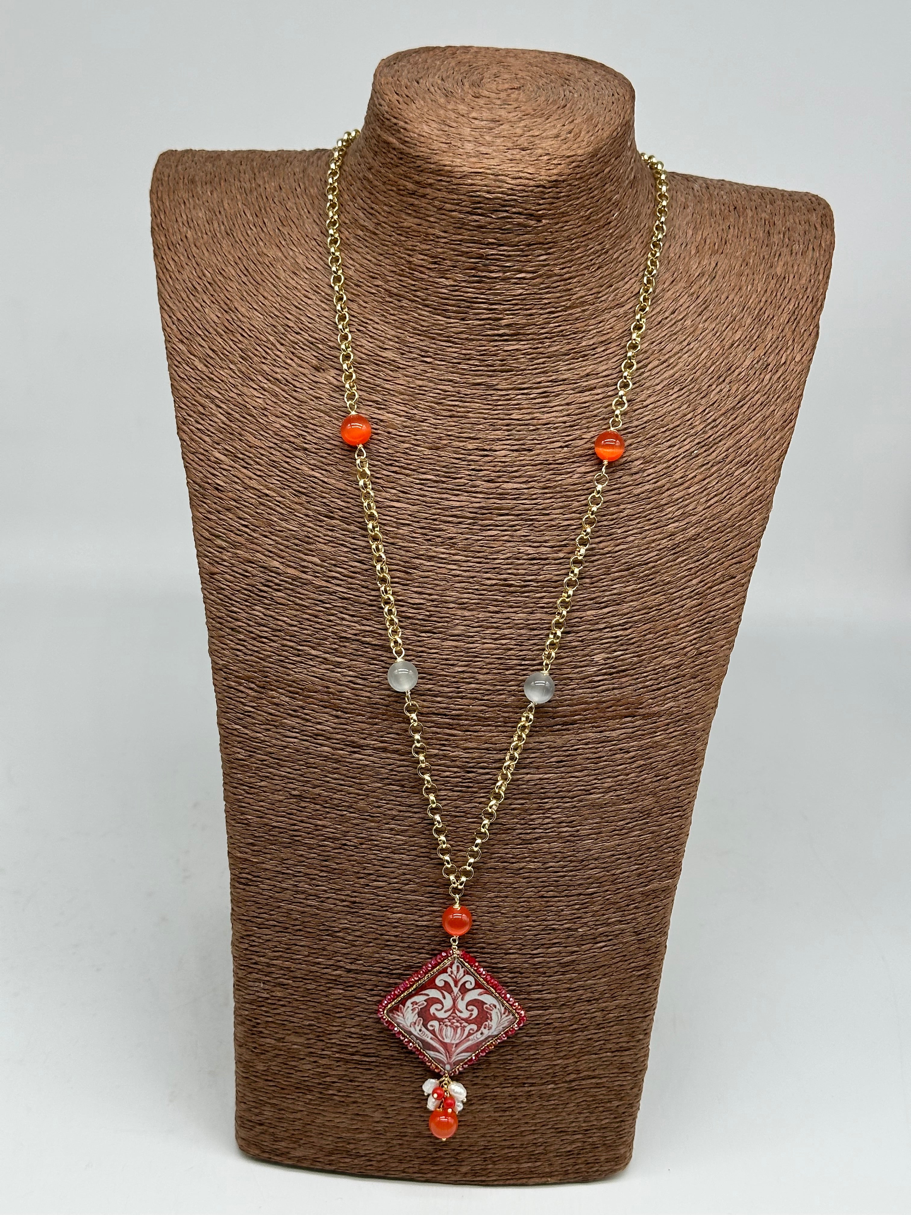Collana Piastrella Ceramica di Caltagirone catena dorata con pietre V.2 - COLLANA