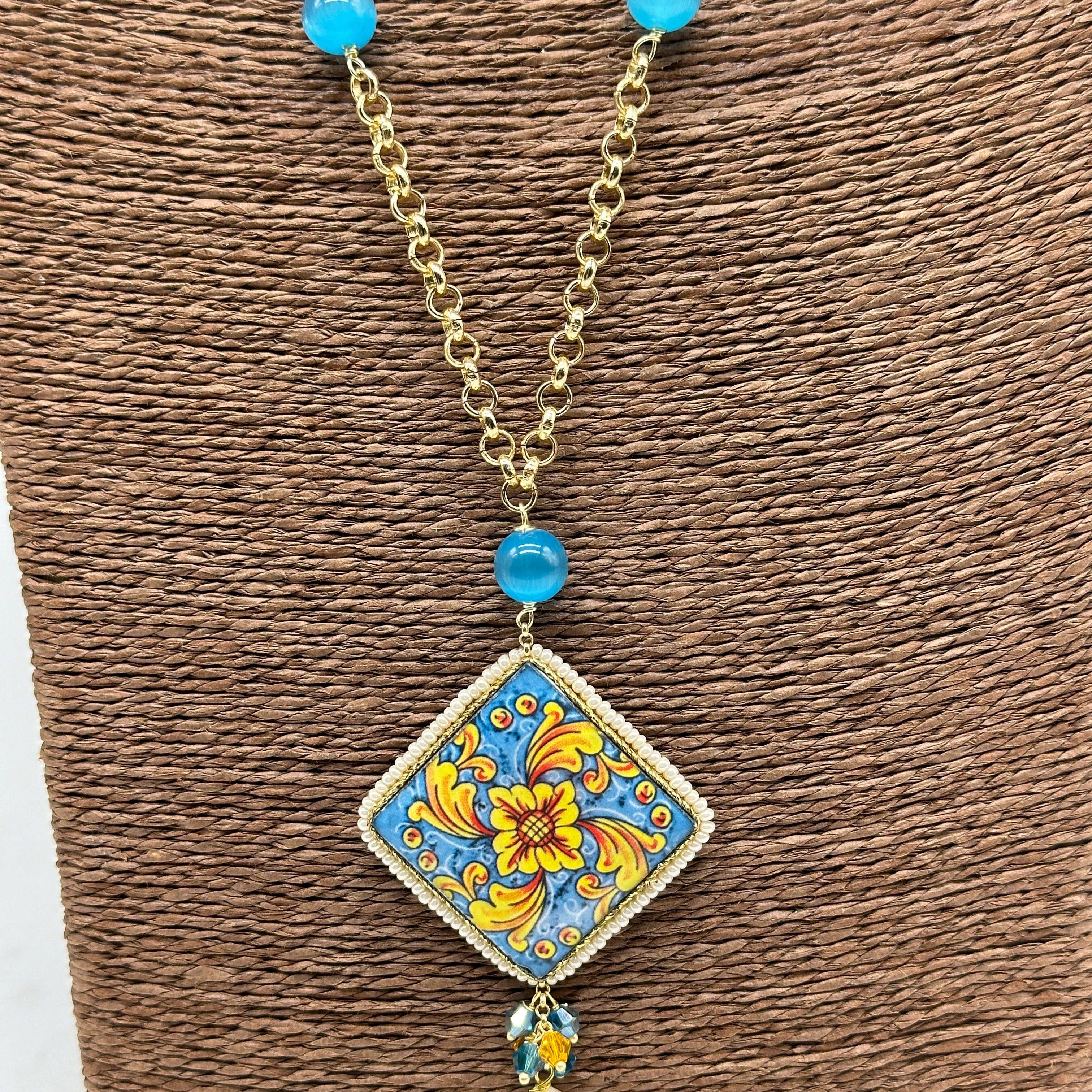 Collana Piastrella Ceramica di Caltagirone catena dorata con pietre V.6 - COLLANA