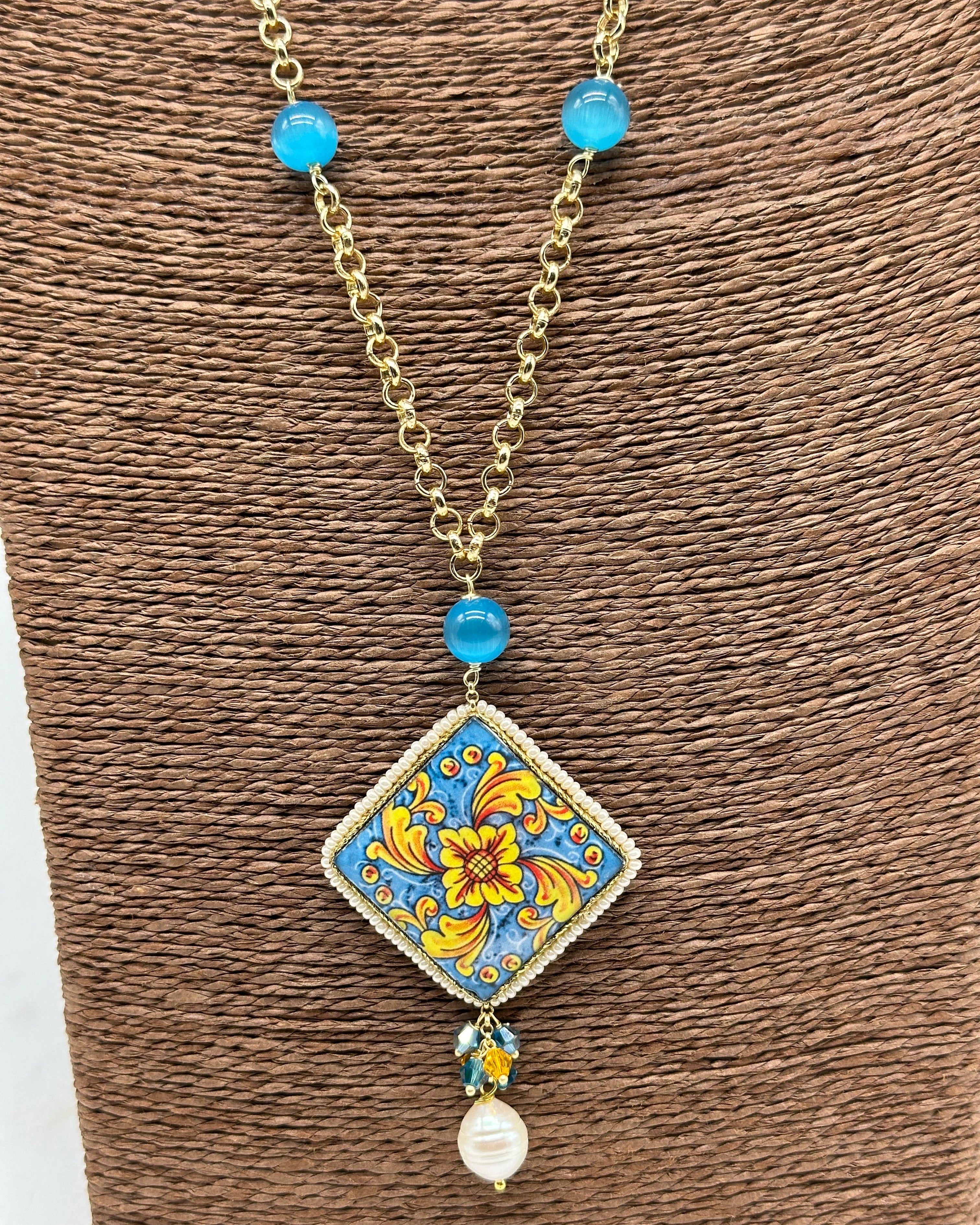 Collana Piastrella Ceramica di Caltagirone catena dorata con pietre V.6 - COLLANA