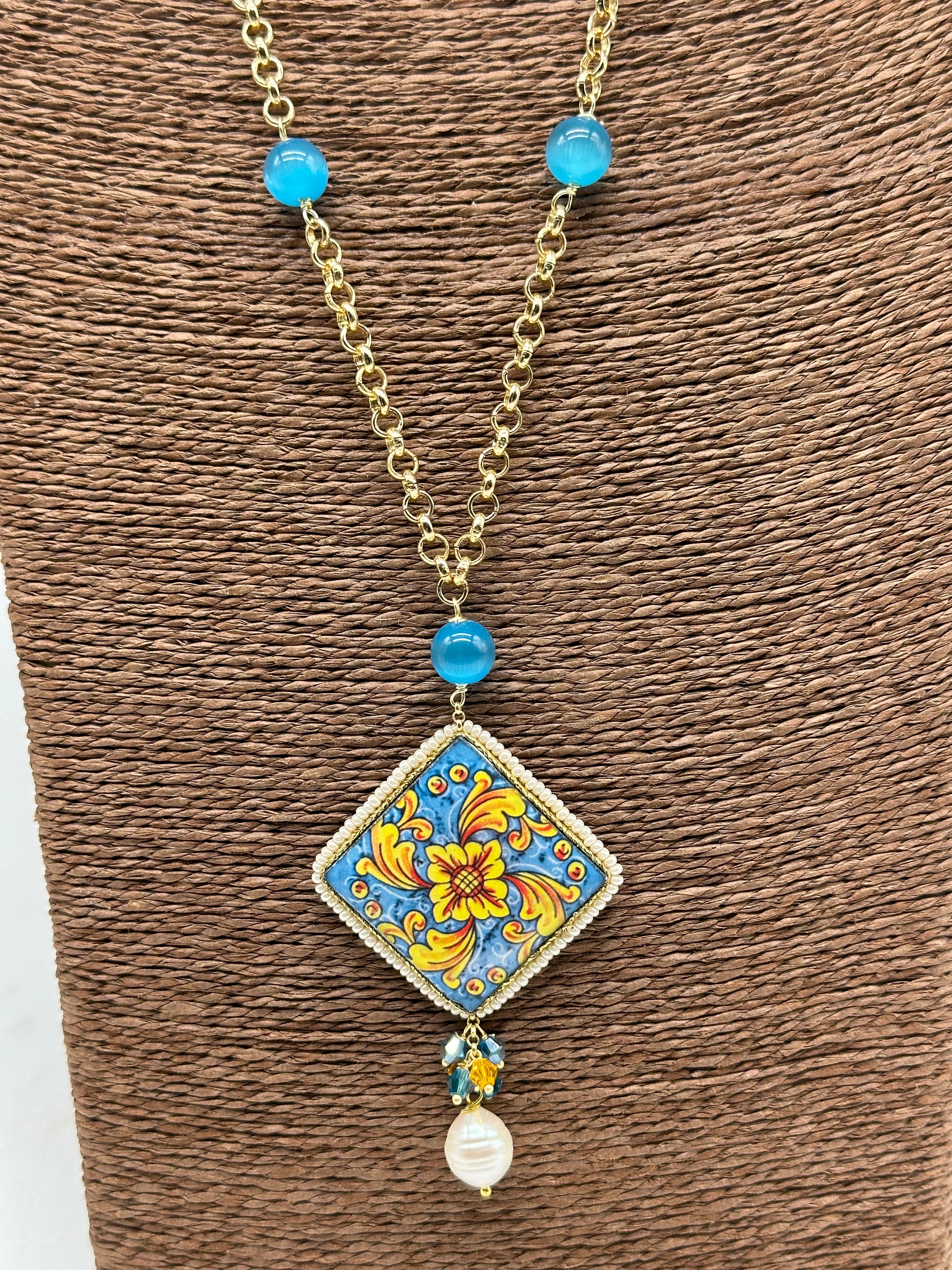 Collana Piastrella Ceramica di Caltagirone catena dorata con pietre V.6 - COLLANA