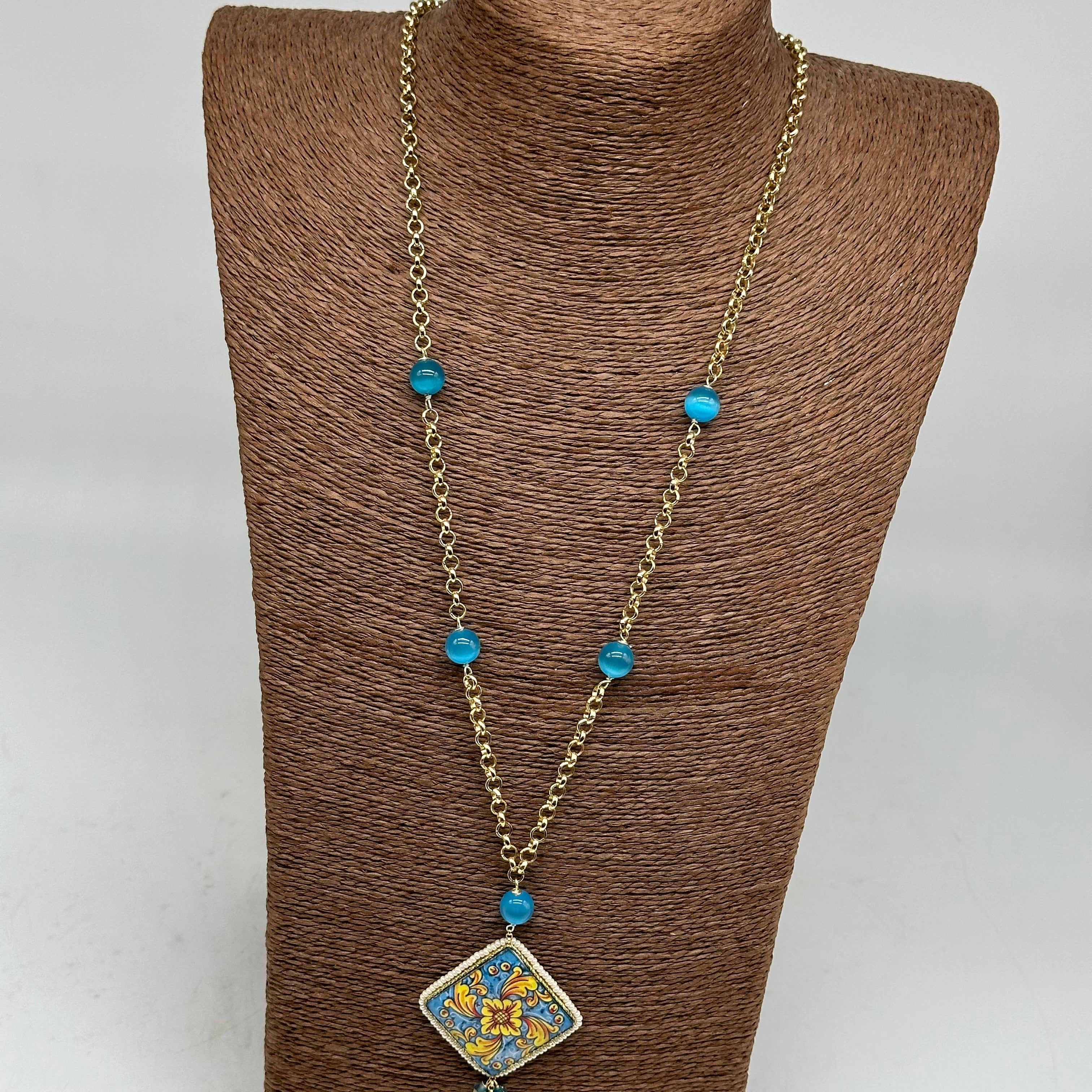 Collana Piastrella Ceramica di Caltagirone catena dorata con pietre V.6 - COLLANA