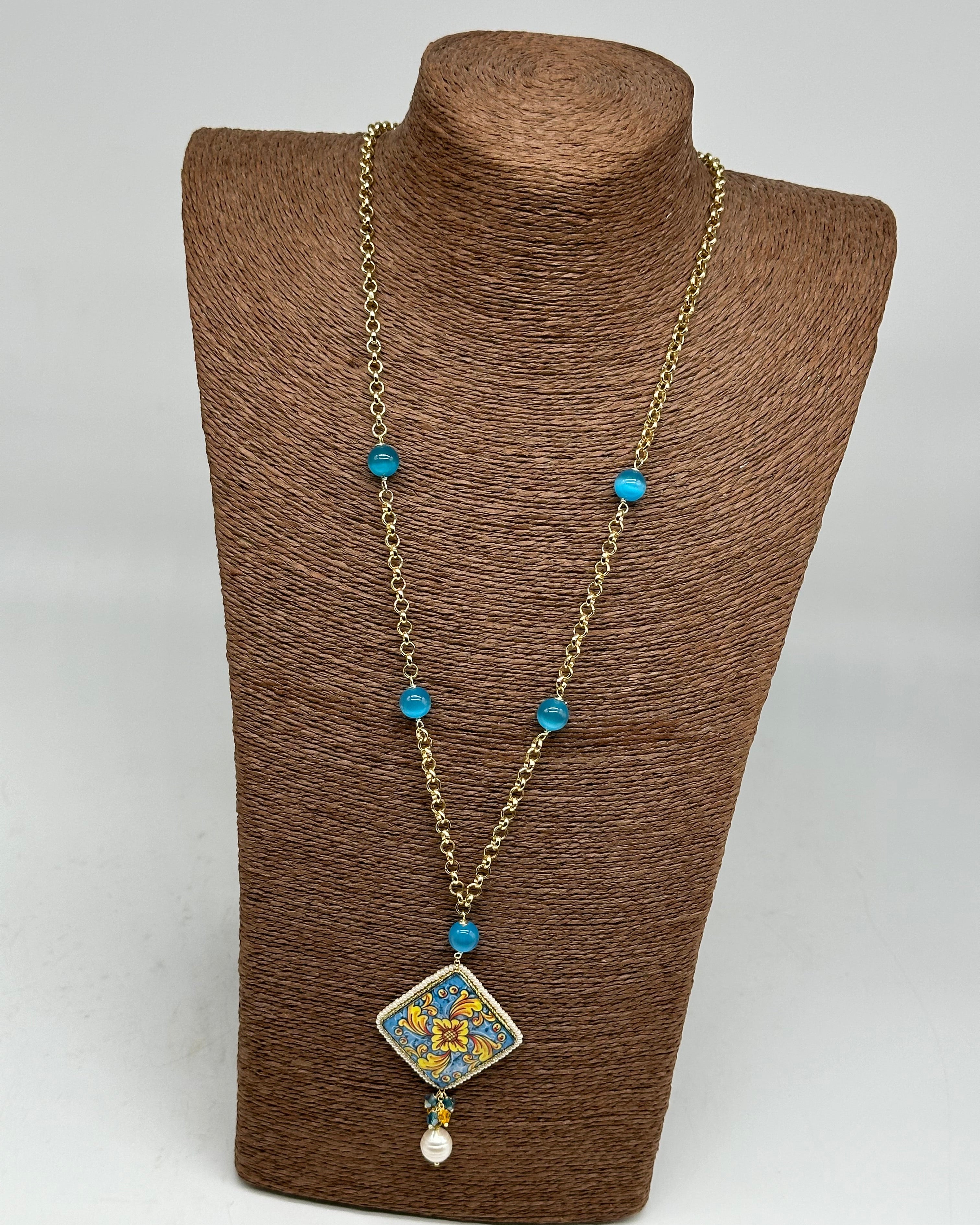 Collana Piastrella Ceramica di Caltagirone catena dorata con pietre V.6 - COLLANA