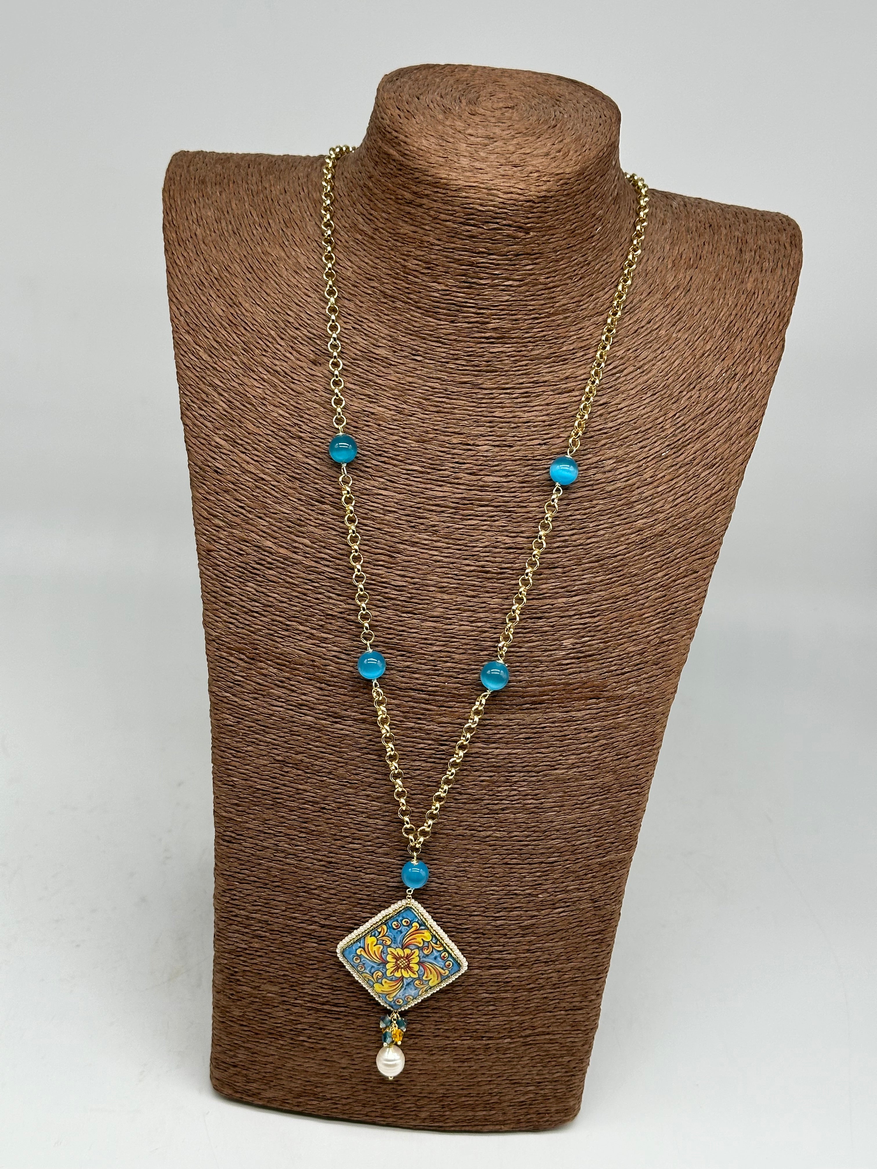 Collana Piastrella Ceramica di Caltagirone catena dorata con pietre V.6 - COLLANA