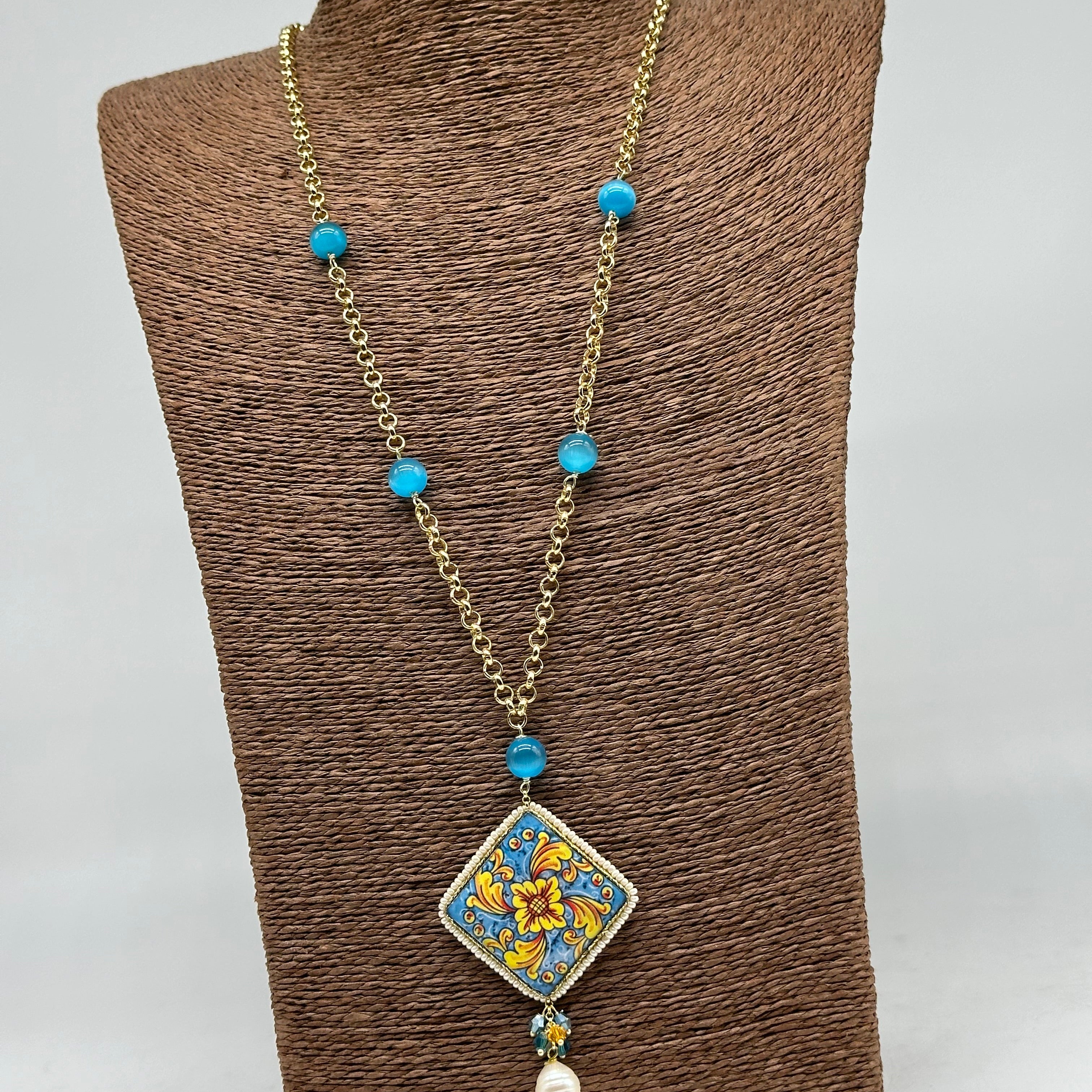 Collana Piastrella Ceramica di Caltagirone catena dorata con pietre V.6 - COLLANA