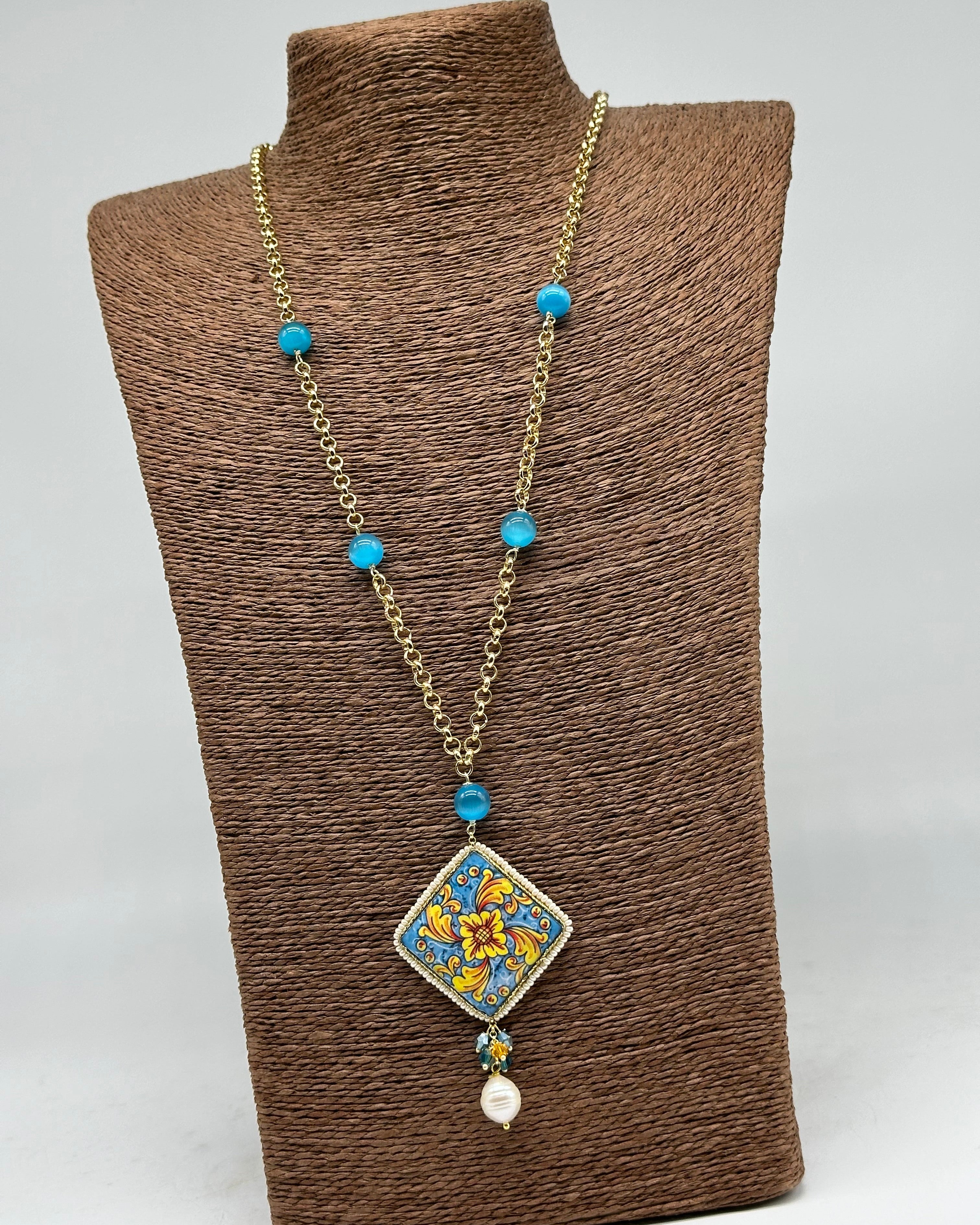 Collana Piastrella Ceramica di Caltagirone catena dorata con pietre V.6 - COLLANA