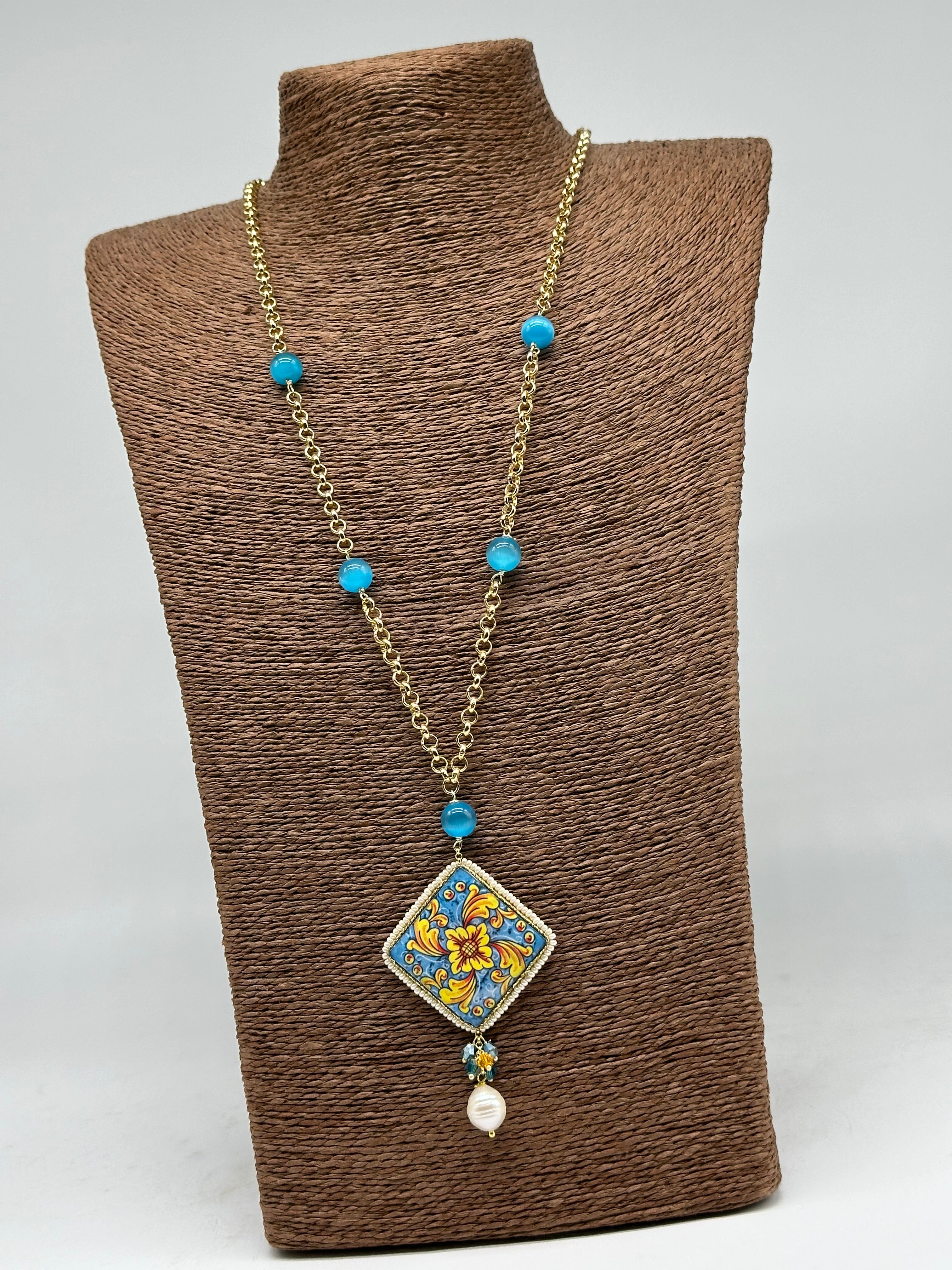 Collana Piastrella Ceramica di Caltagirone catena dorata con pietre V.6 - COLLANA