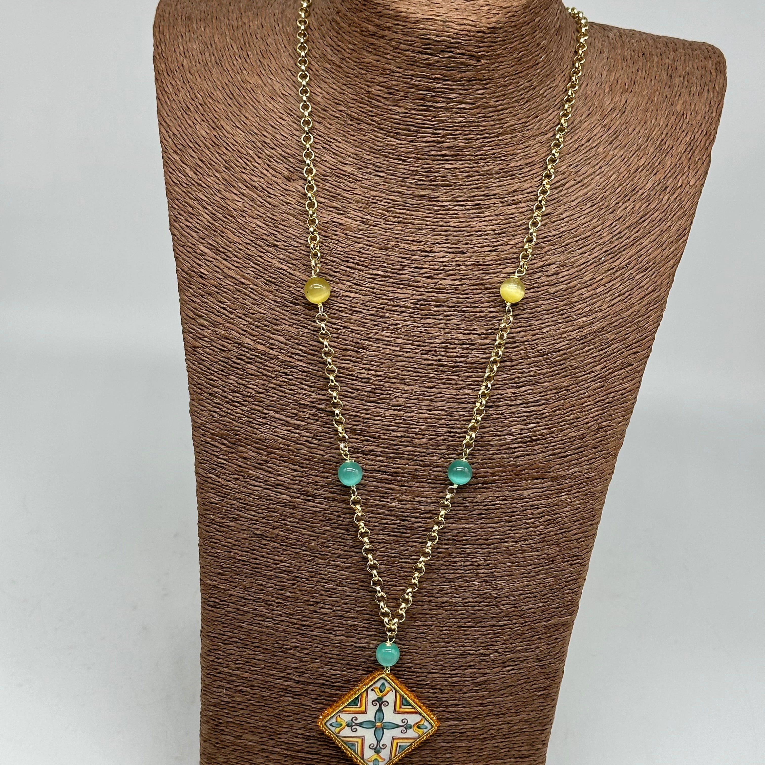 Collana Piastrella Ceramica di Caltagirone catena dorata con pietre V.5 - COLLANA
