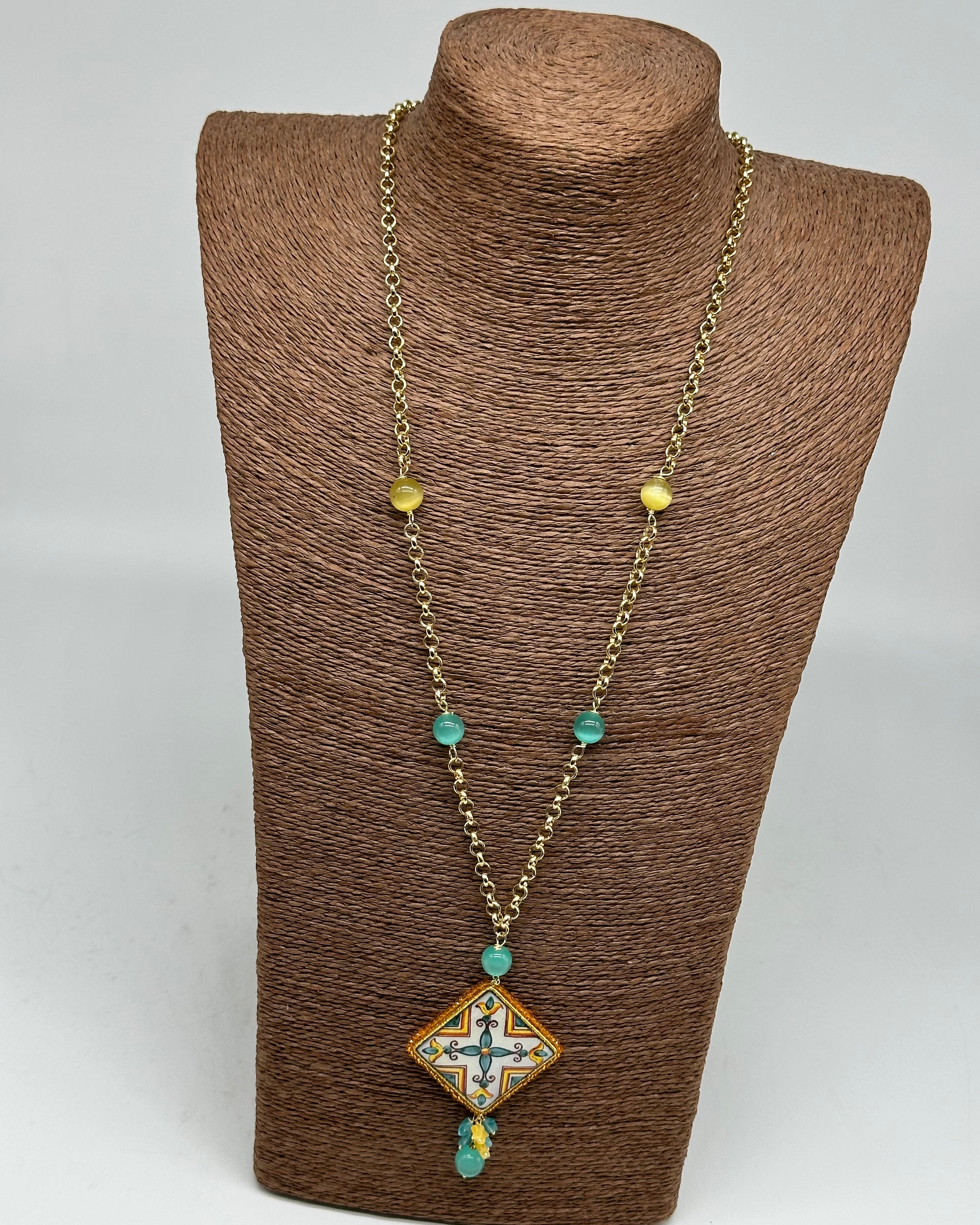 Collana Piastrella Ceramica di Caltagirone catena dorata con pietre V.5 - COLLANA