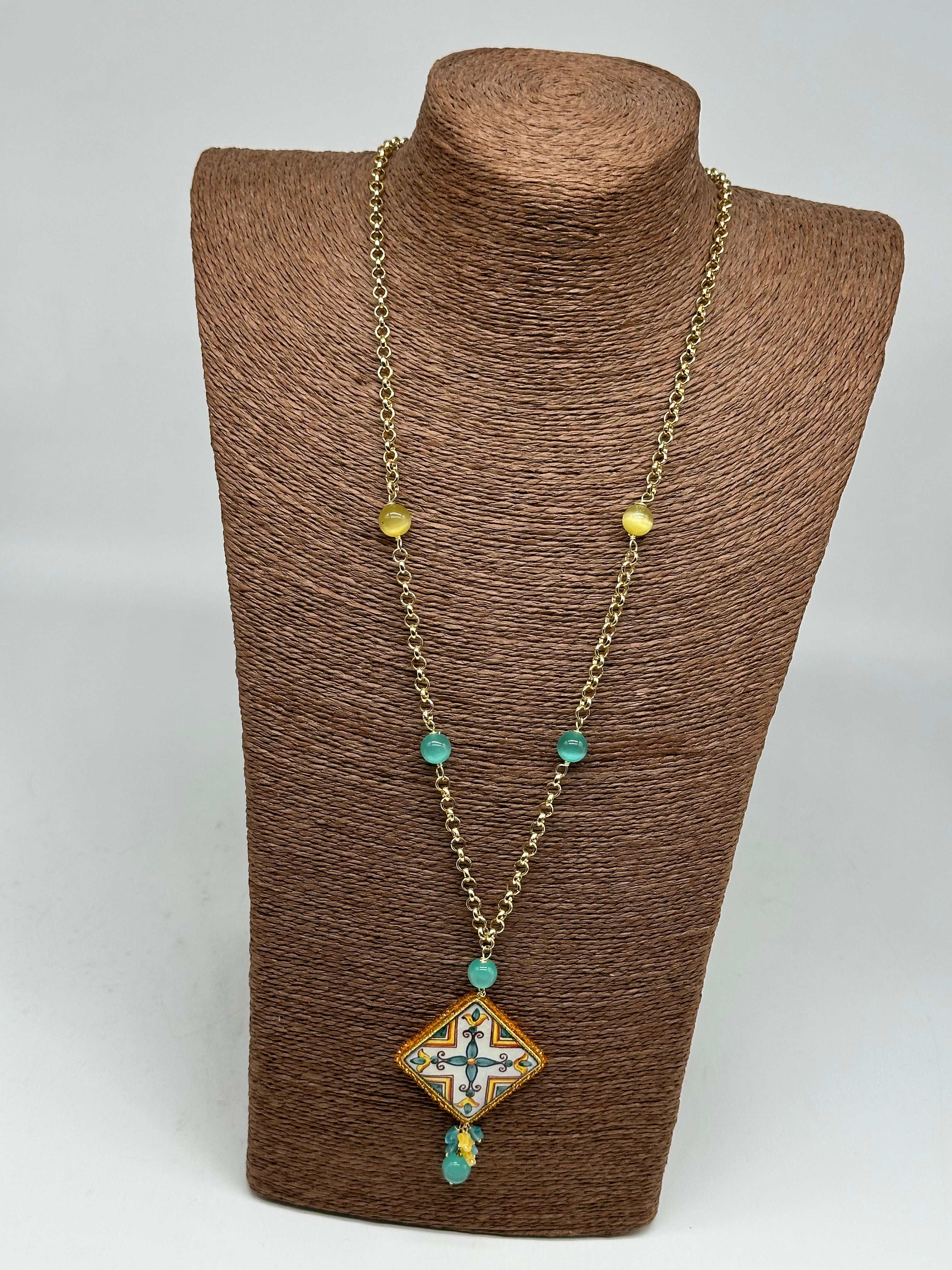 Collana Piastrella Ceramica di Caltagirone catena dorata con pietre V.5 - COLLANA
