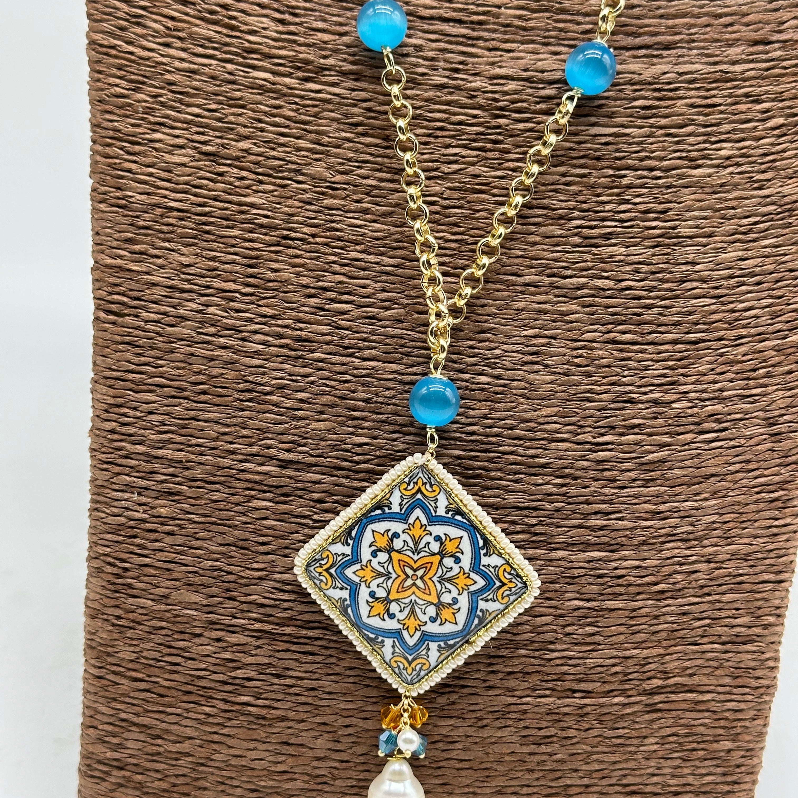 Collana Piastrella Ceramica di Caltagirone catena dorata con pietre V.4 - COLLANA