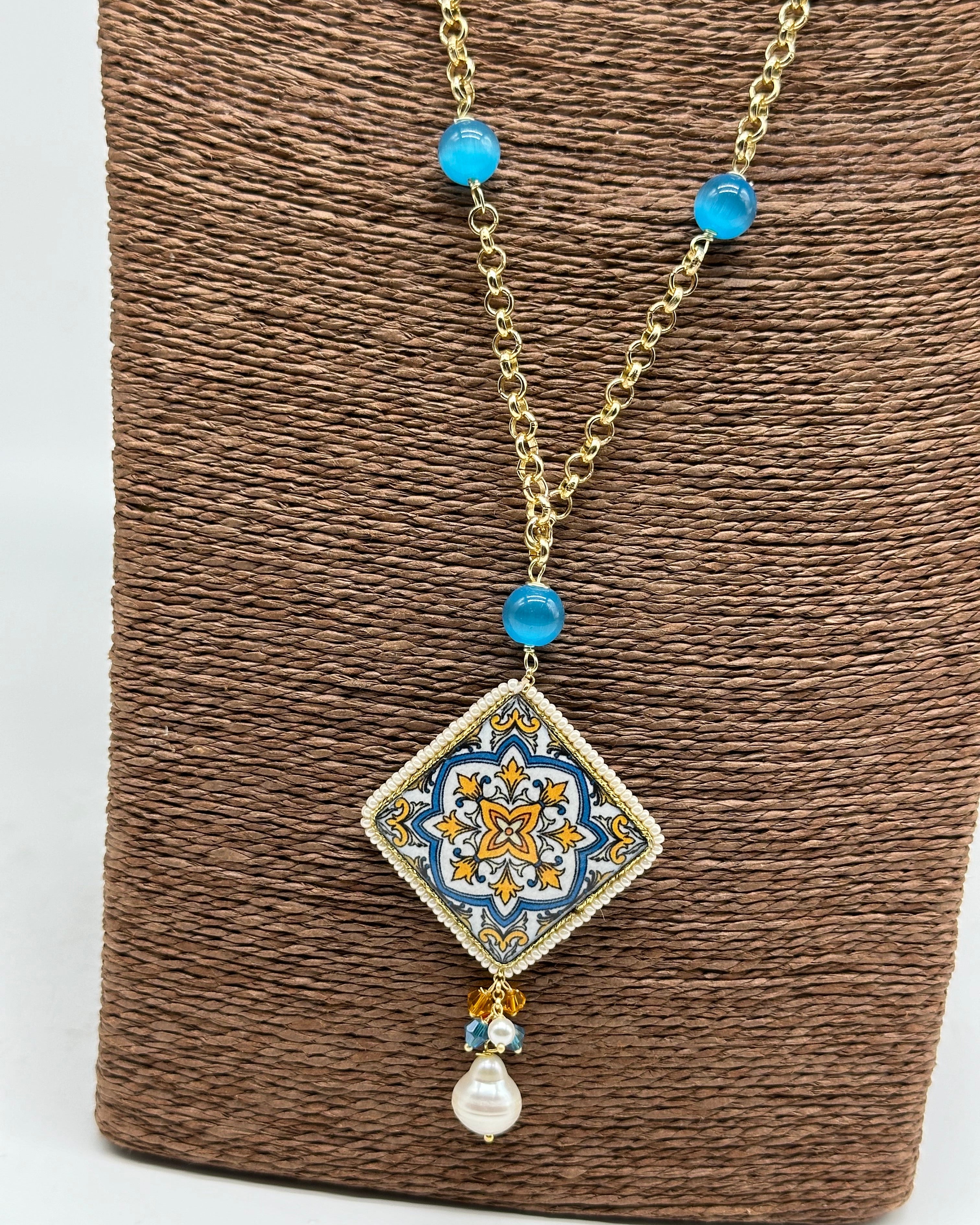 Collana Piastrella Ceramica di Caltagirone catena dorata con pietre V.4 - COLLANA