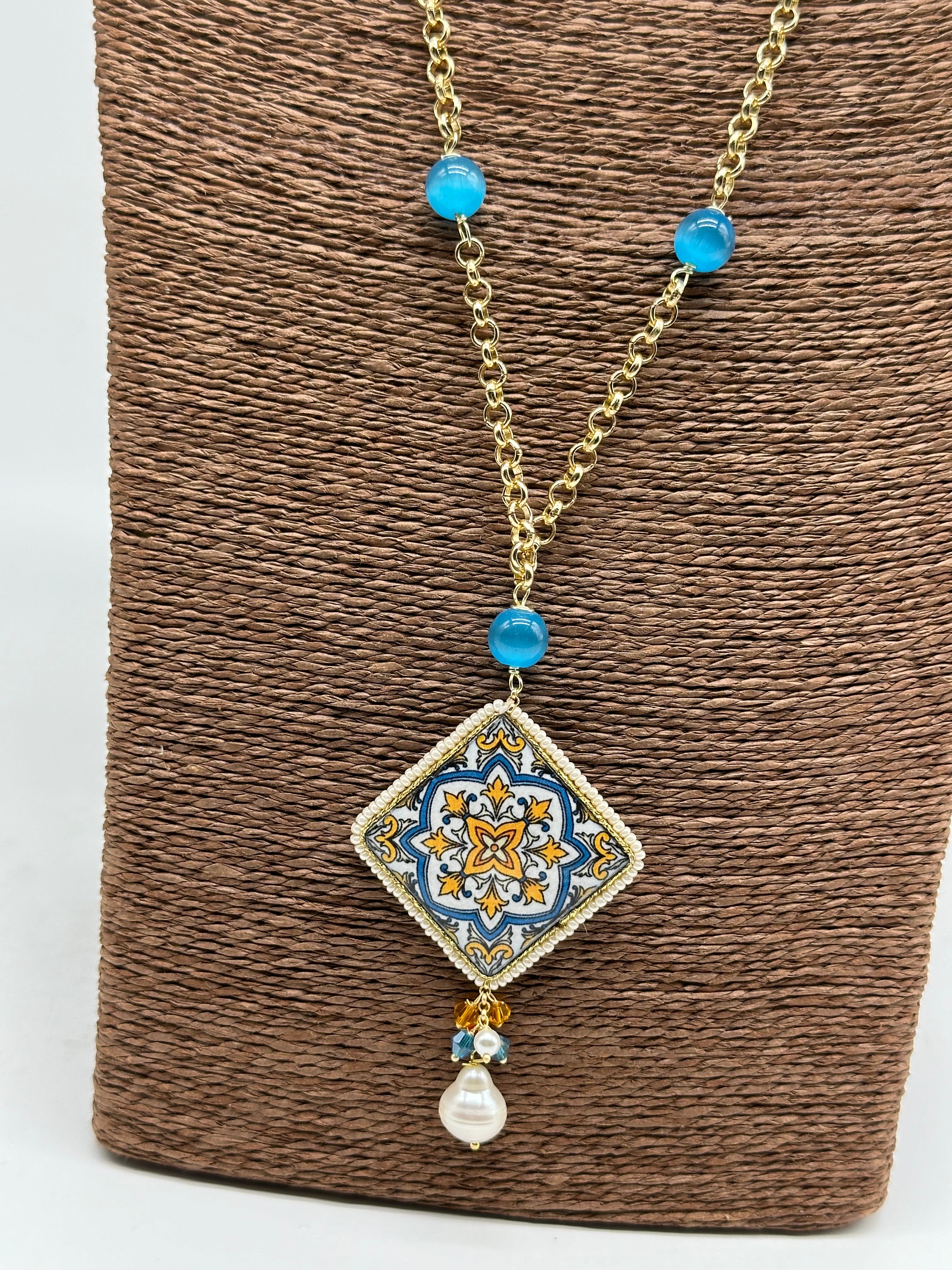 Collana Piastrella Ceramica di Caltagirone catena dorata con pietre V.4 - COLLANA