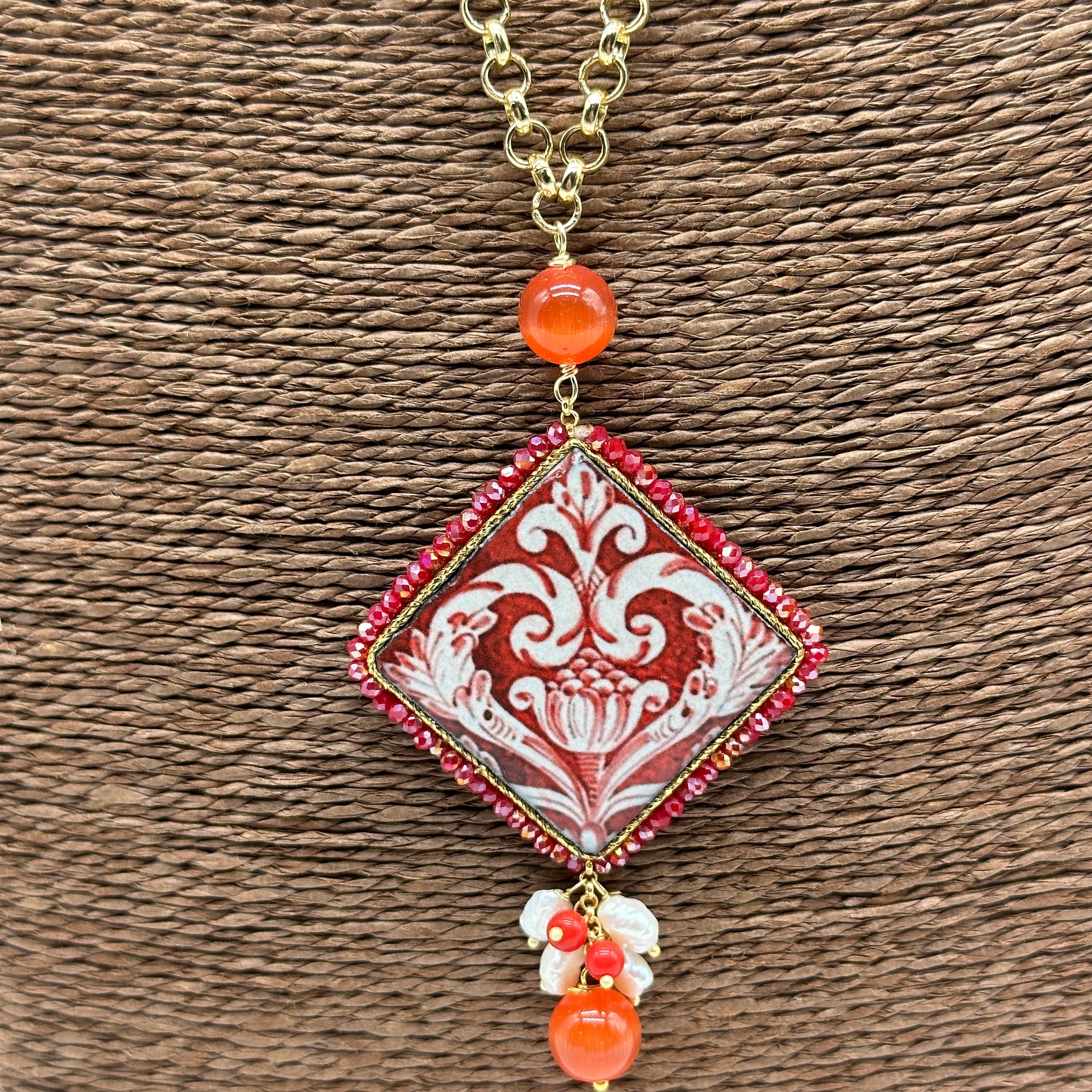 Collana Piastrella Ceramica di Caltagirone catena dorata con pietre V.2 - COLLANA