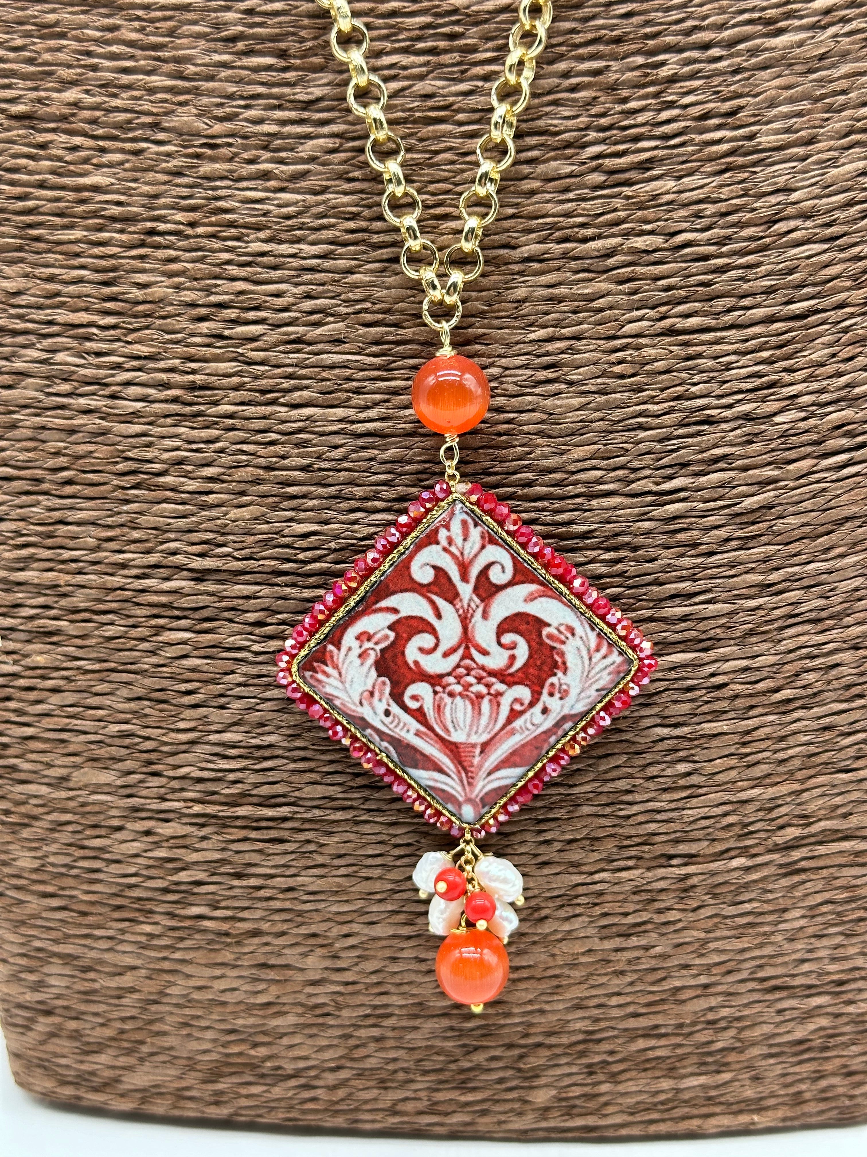 Collana Piastrella Ceramica di Caltagirone catena dorata con pietre V.2 - COLLANA
