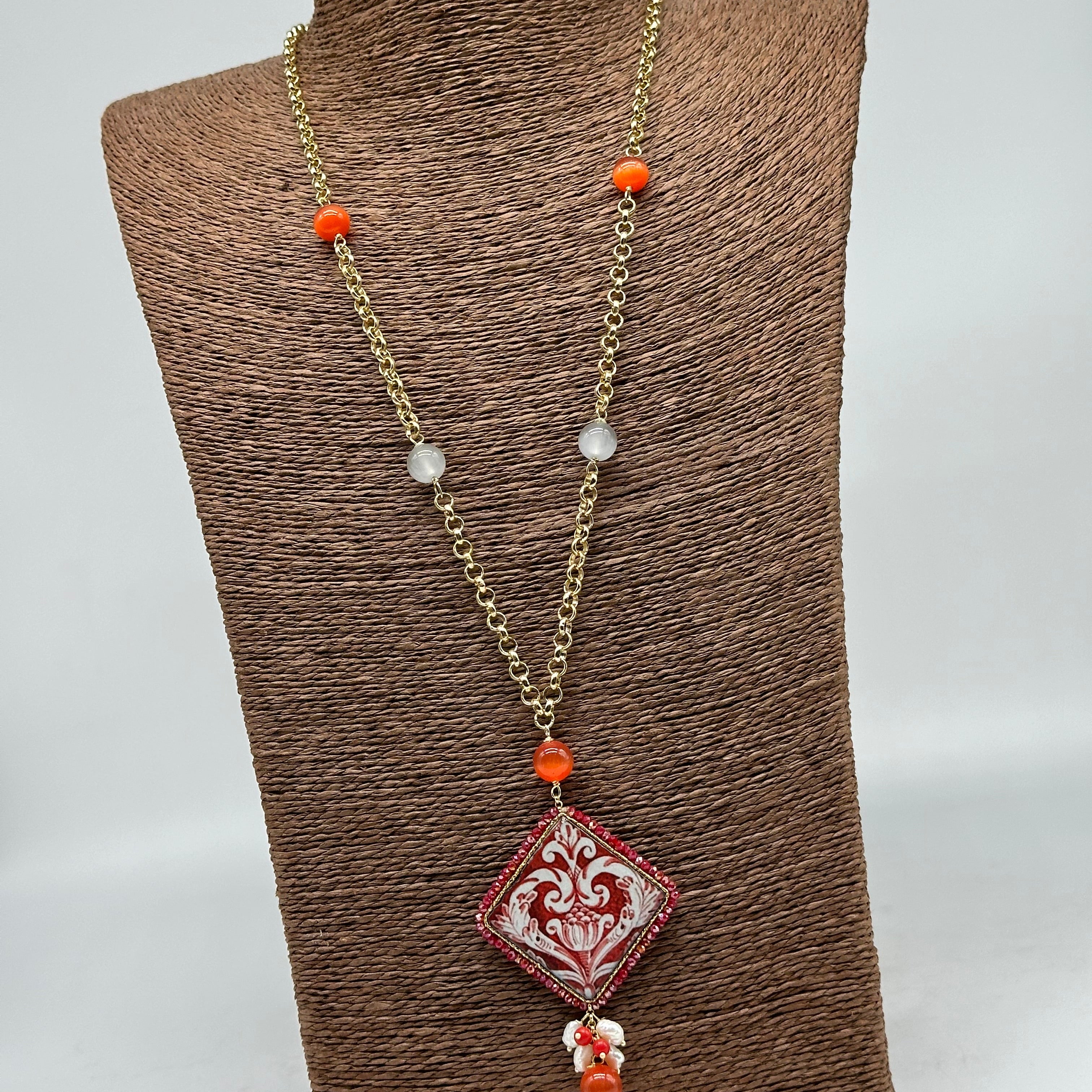 Collana Piastrella Ceramica di Caltagirone catena dorata con pietre V.2 - COLLANA