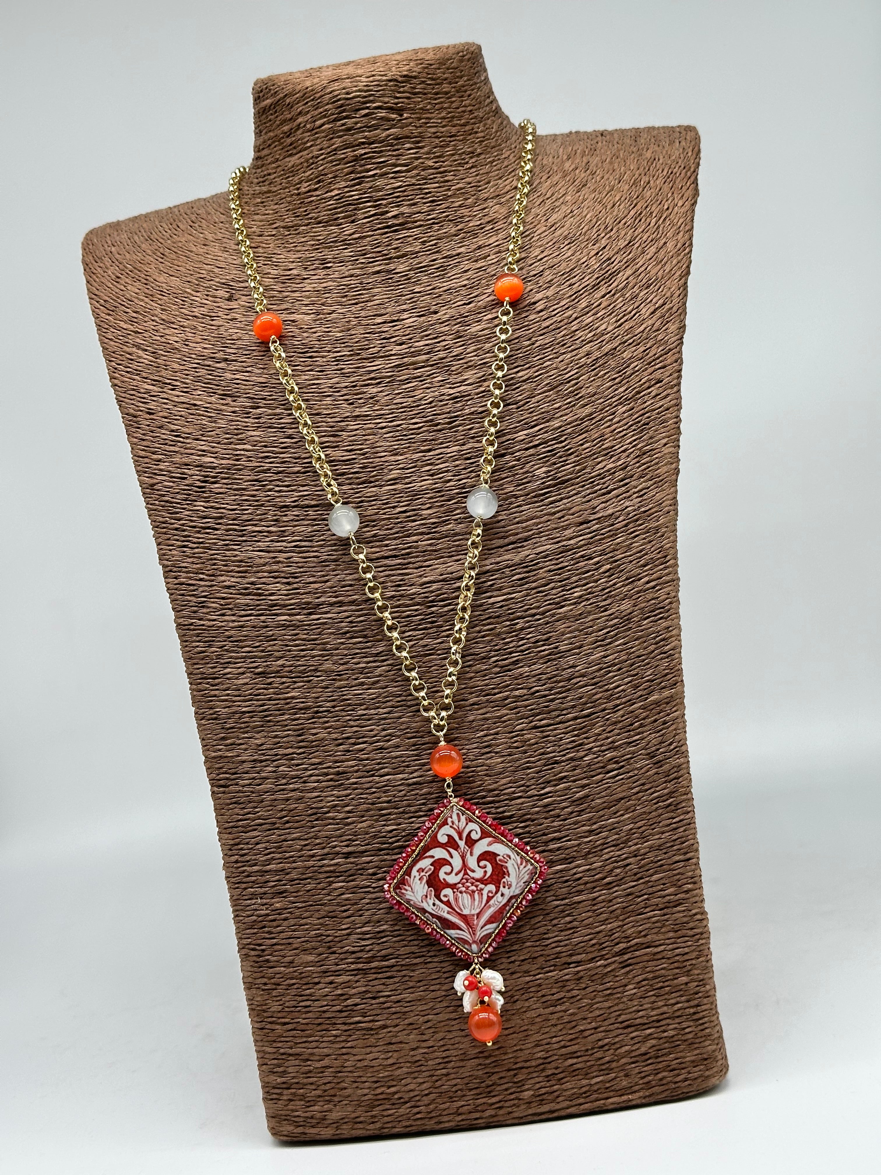 Collana Piastrella Ceramica di Caltagirone catena dorata con pietre V.2 - COLLANA