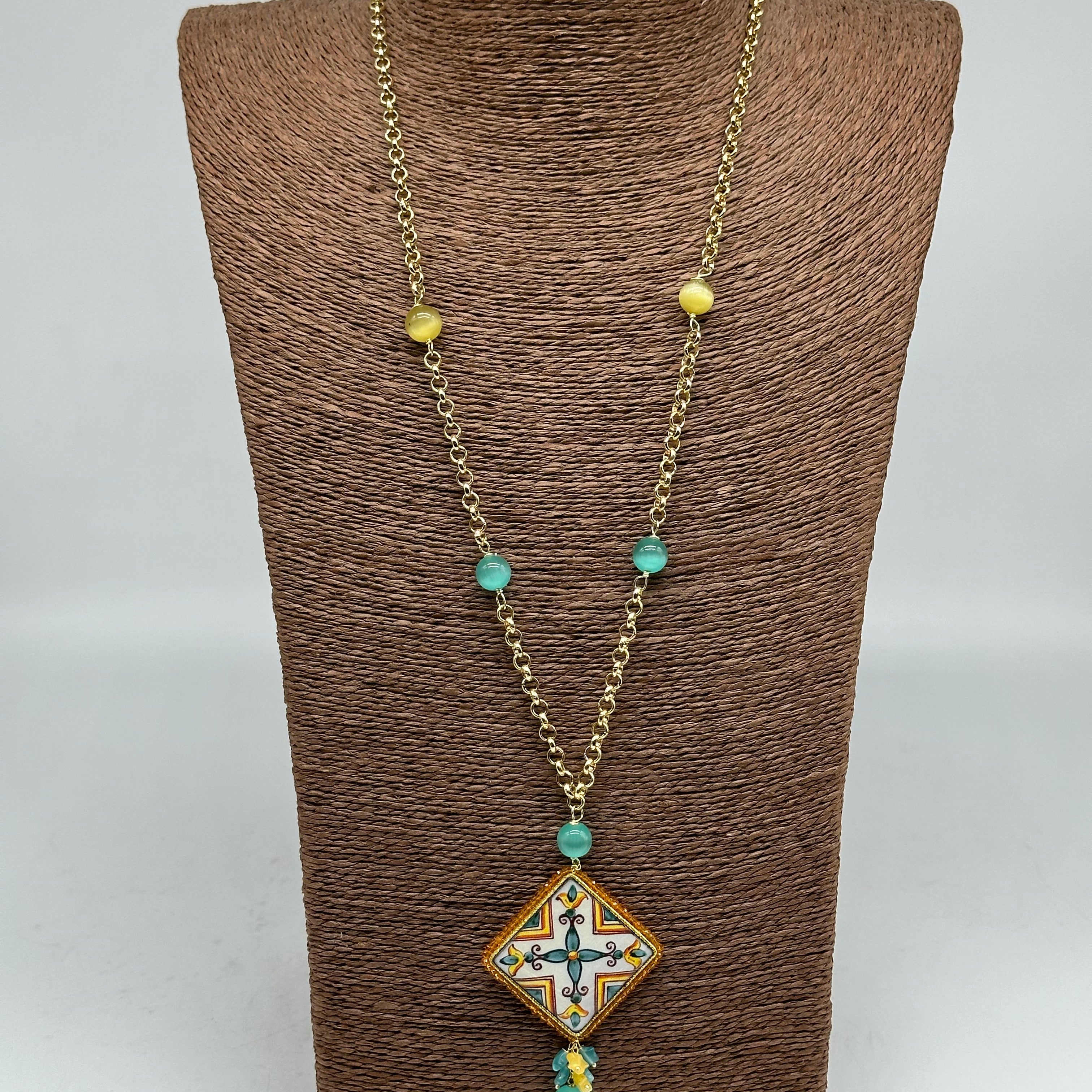 Collana Piastrella Ceramica di Caltagirone catena dorata con pietre V.5 - COLLANA