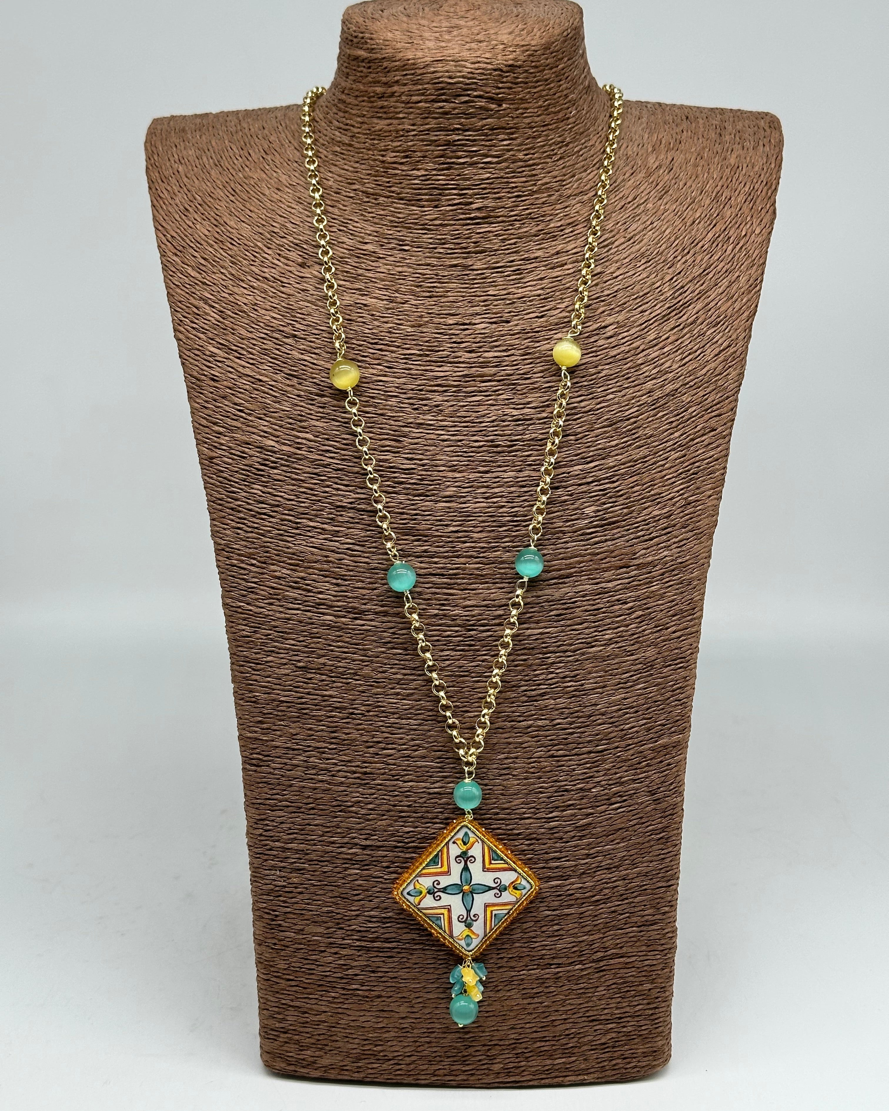 Collana Piastrella Ceramica di Caltagirone catena dorata con pietre V.5 - COLLANA