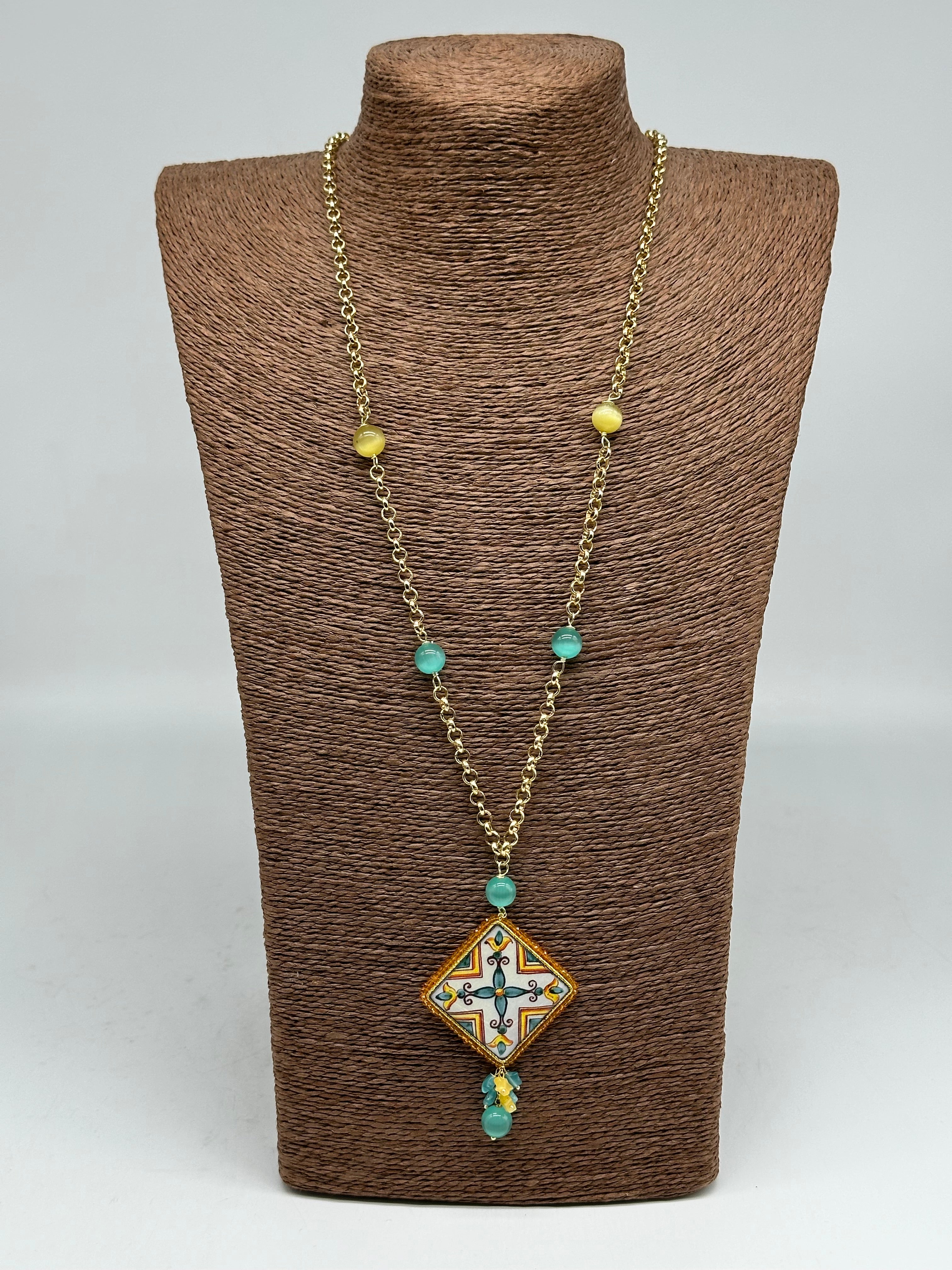 Collana Piastrella Ceramica di Caltagirone catena dorata con pietre V.5 - COLLANA
