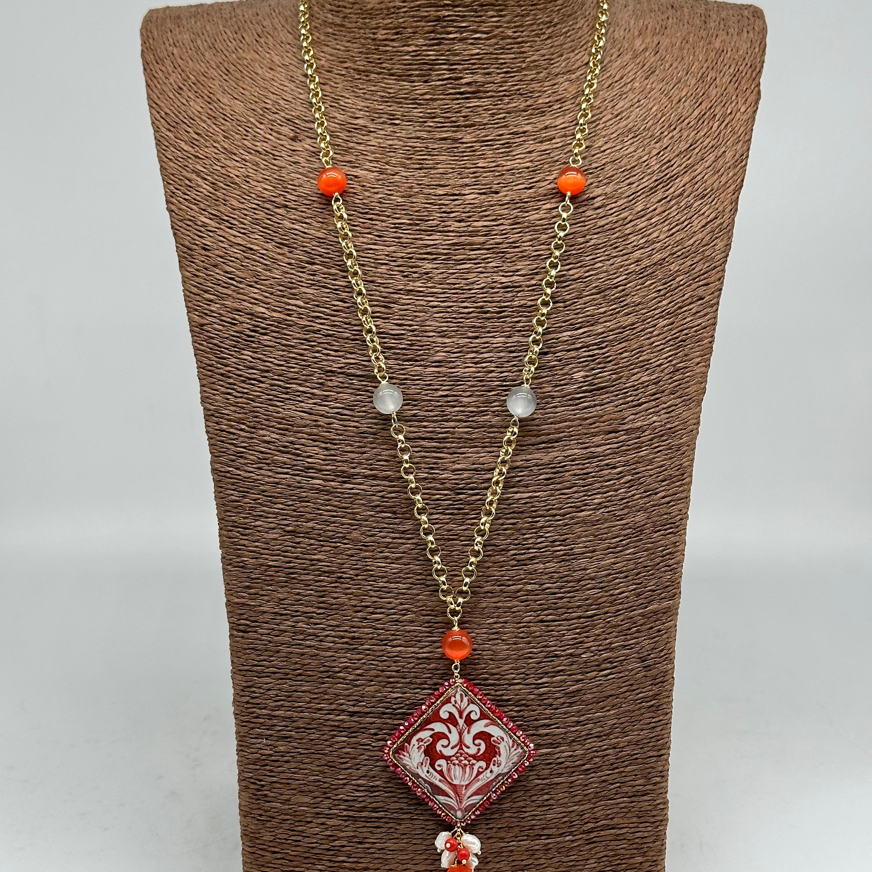 Collana Piastrella Ceramica di Caltagirone catena dorata con pietre V.2 - COLLANA